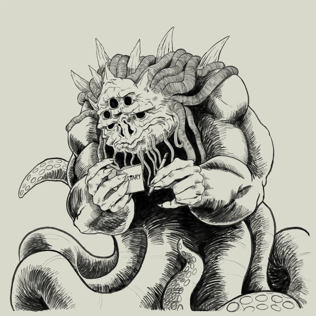 A gigantic Lovecraftian monster with five eyes, many horns, tentacles for hair and legs, and seven fingers per hand, writing in its diary