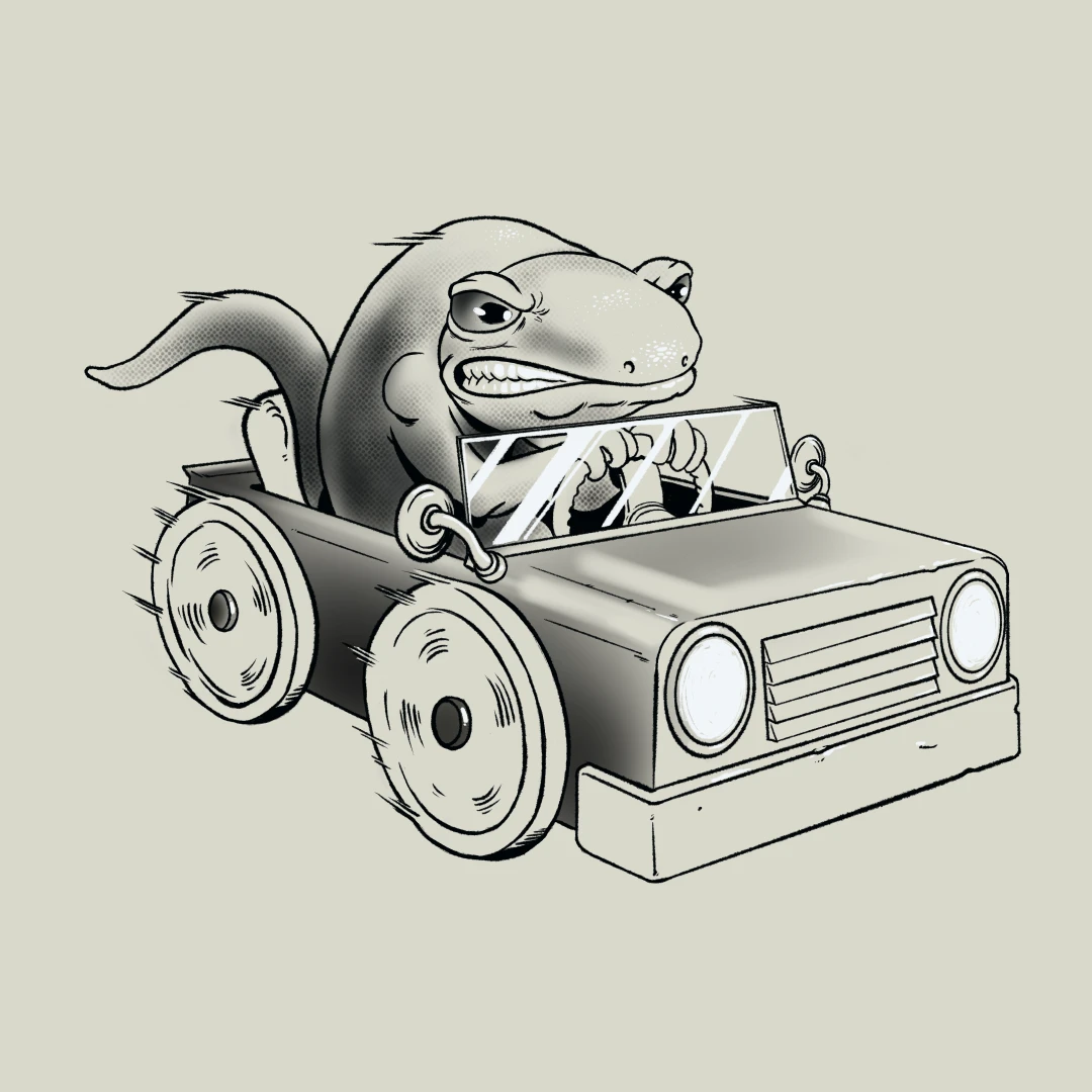 A snarling newt in a toy car driving aggressively