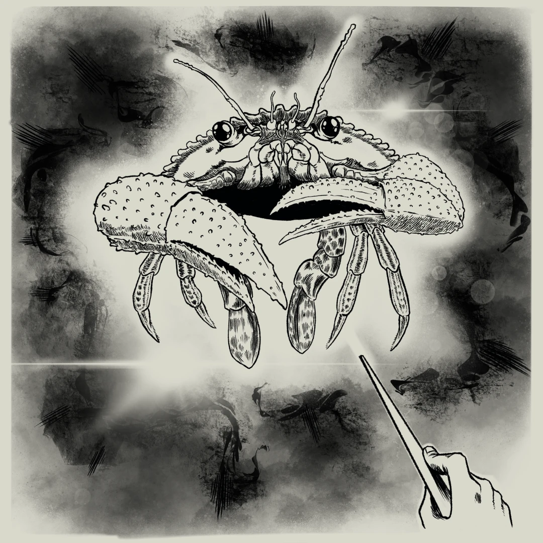 A ridged swimmer crab floating in the air, with a wand in hand casting a spell on it