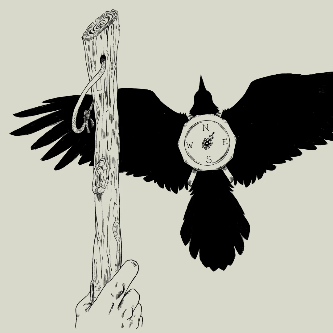 A crow with a compass strapped to its back flying just below a broom with a witches hand on it.