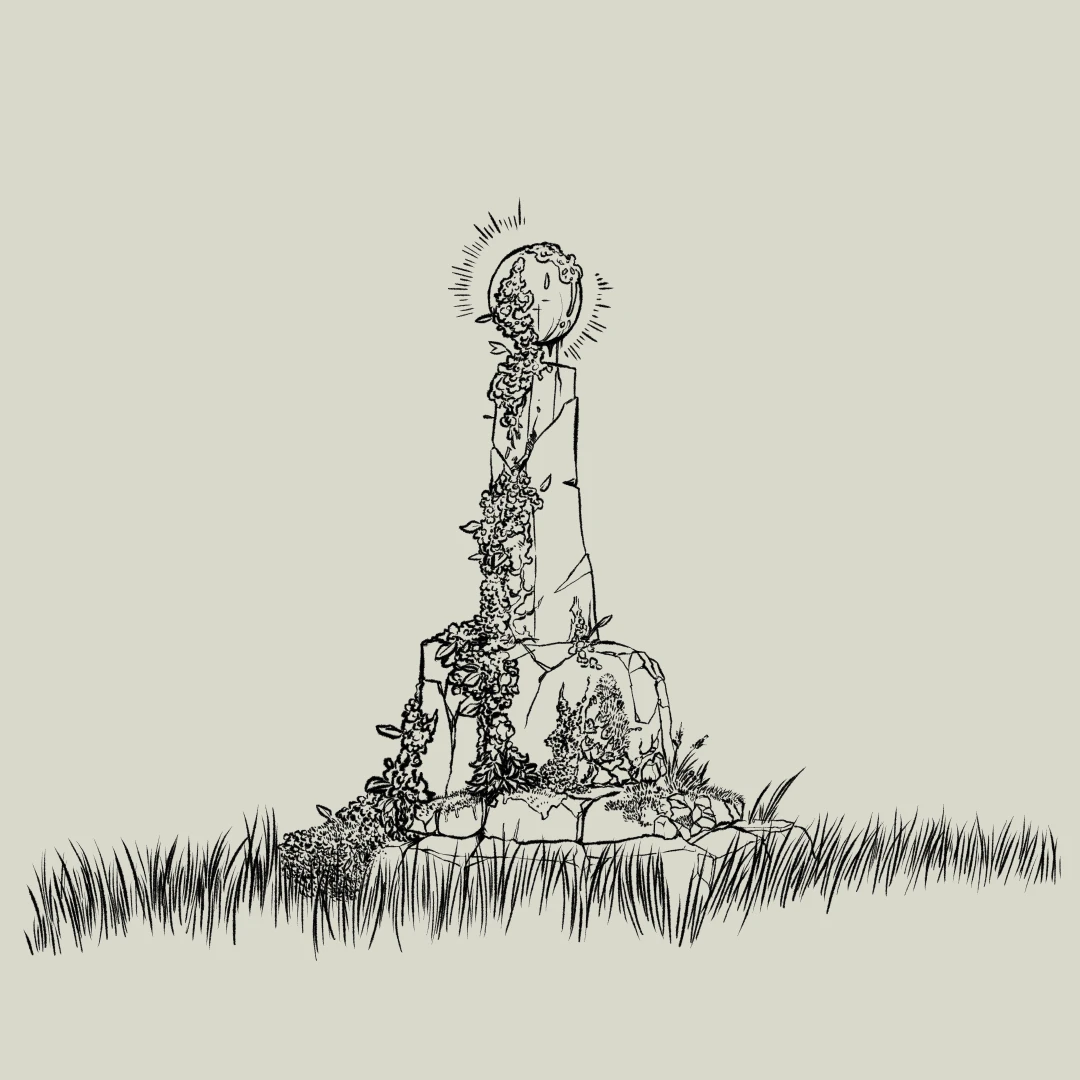 A magical witch's marker topped with a floating, glowing orb, overgrown with moss and other flora