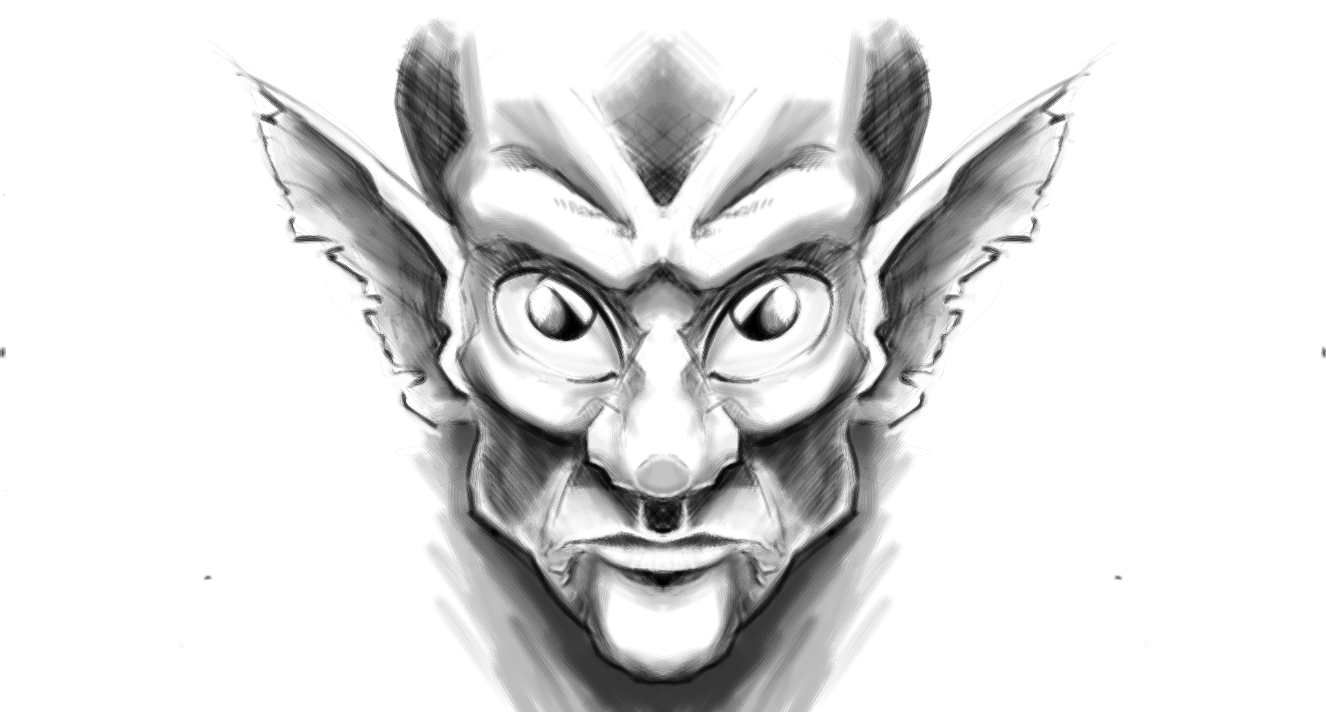 A symmetrical digital sketch of a goblin-like face