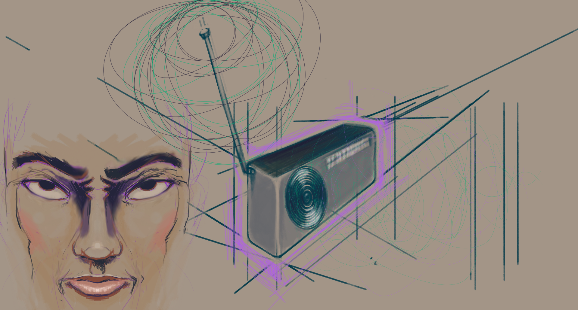 A digital sketch of a radio with a bunch of construction lines, and a symmetrical face