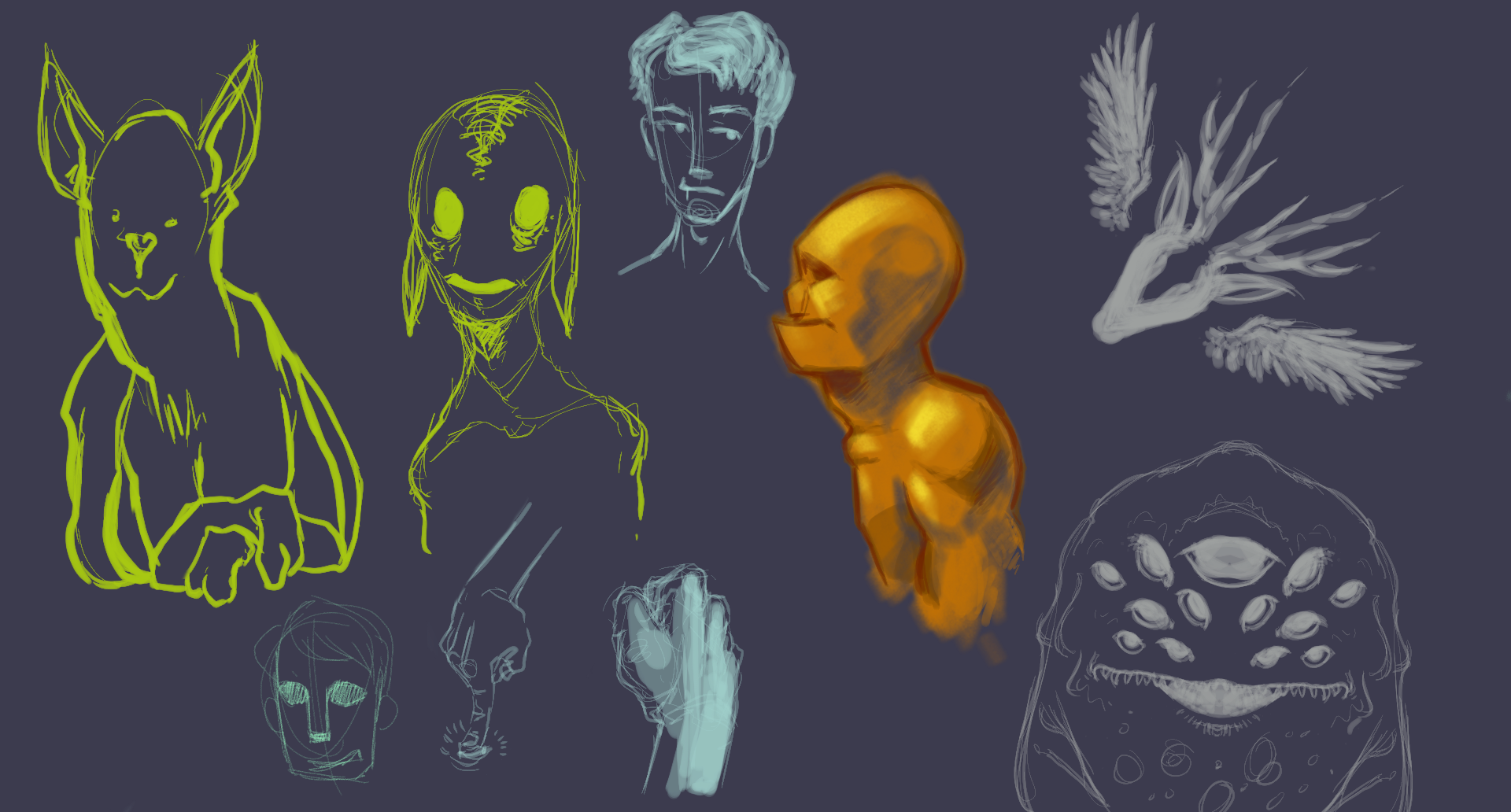 Digital sketches of various humanoid creatures, a 13-eyed creature, and a winged dear head