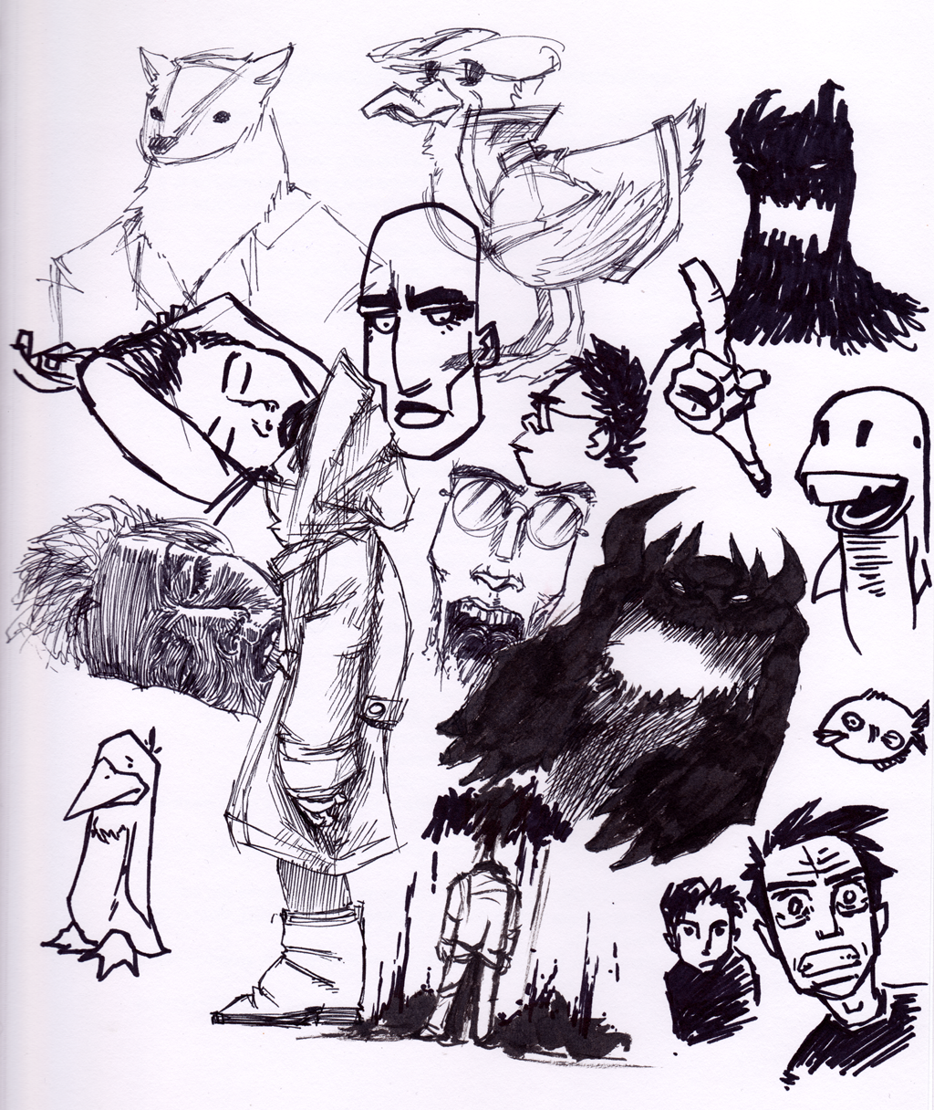 A page of marker and felt tip sketches, including some demons, some fish, a duck in a a raincoat and a hat, a badger in a suit, Laura sleeping, and someone in profile wearing snow gear