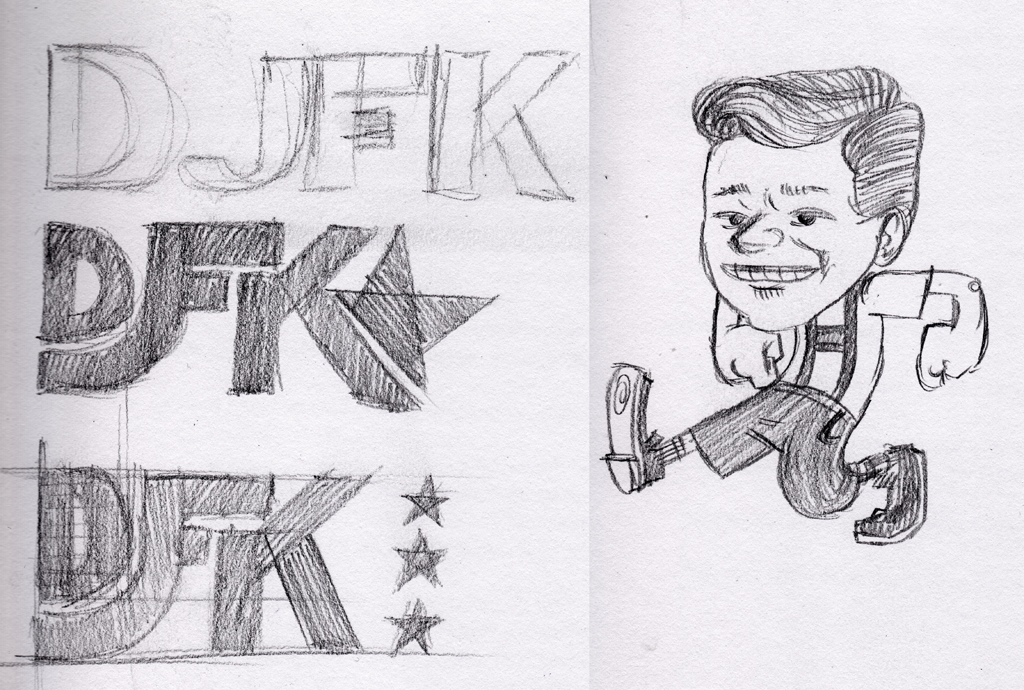 Sketches of a logo for DJFK with a cartoon of JFK wearing lederhosen and skanking