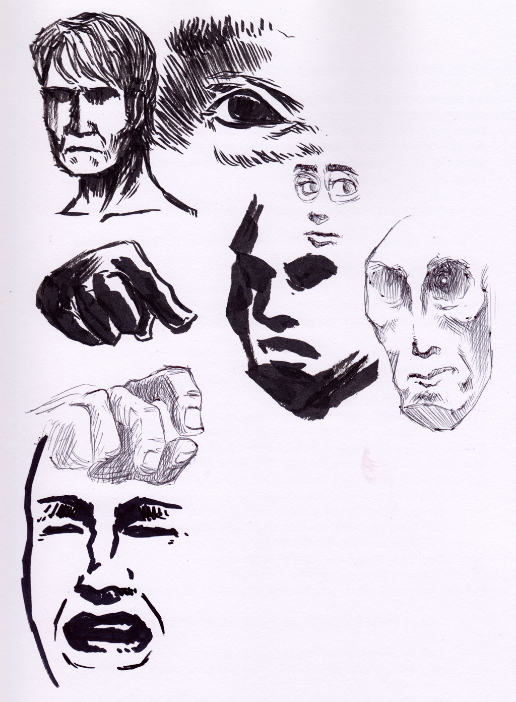 Marker and pen sketches of faces and hands