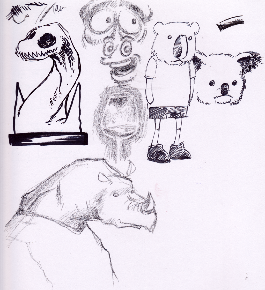 Marker and pencil sketches of koalas, a rhino, faces, a wine glass, and a weird monster sculpture of Phil made