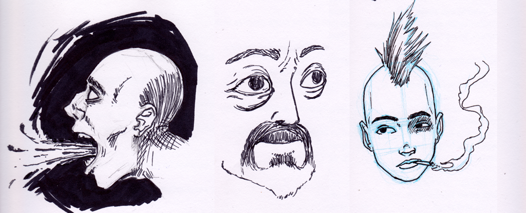 Three ink sketches of heads: first a bald head vomitting negative space in profile; second, a bulgy-eyed, bearded face; and third, a mohawked smoker with a bruised eye