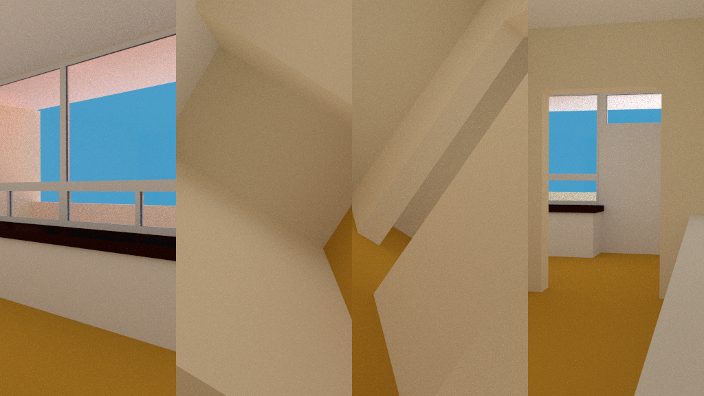 Four angles of a 3D model of Phil's apartment at the time, creating an abstract composition