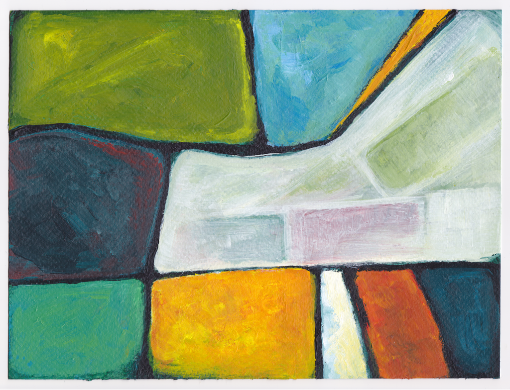 An abstract acrylic painting of different coloured areas, forming what looks kinda like farm fields from above