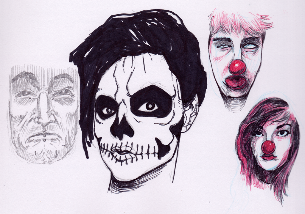 Drawings of heads, one of Phil making a silly grumpy face, one of Laura in skull makeup, and two of Phil and Laura wearing clown noses