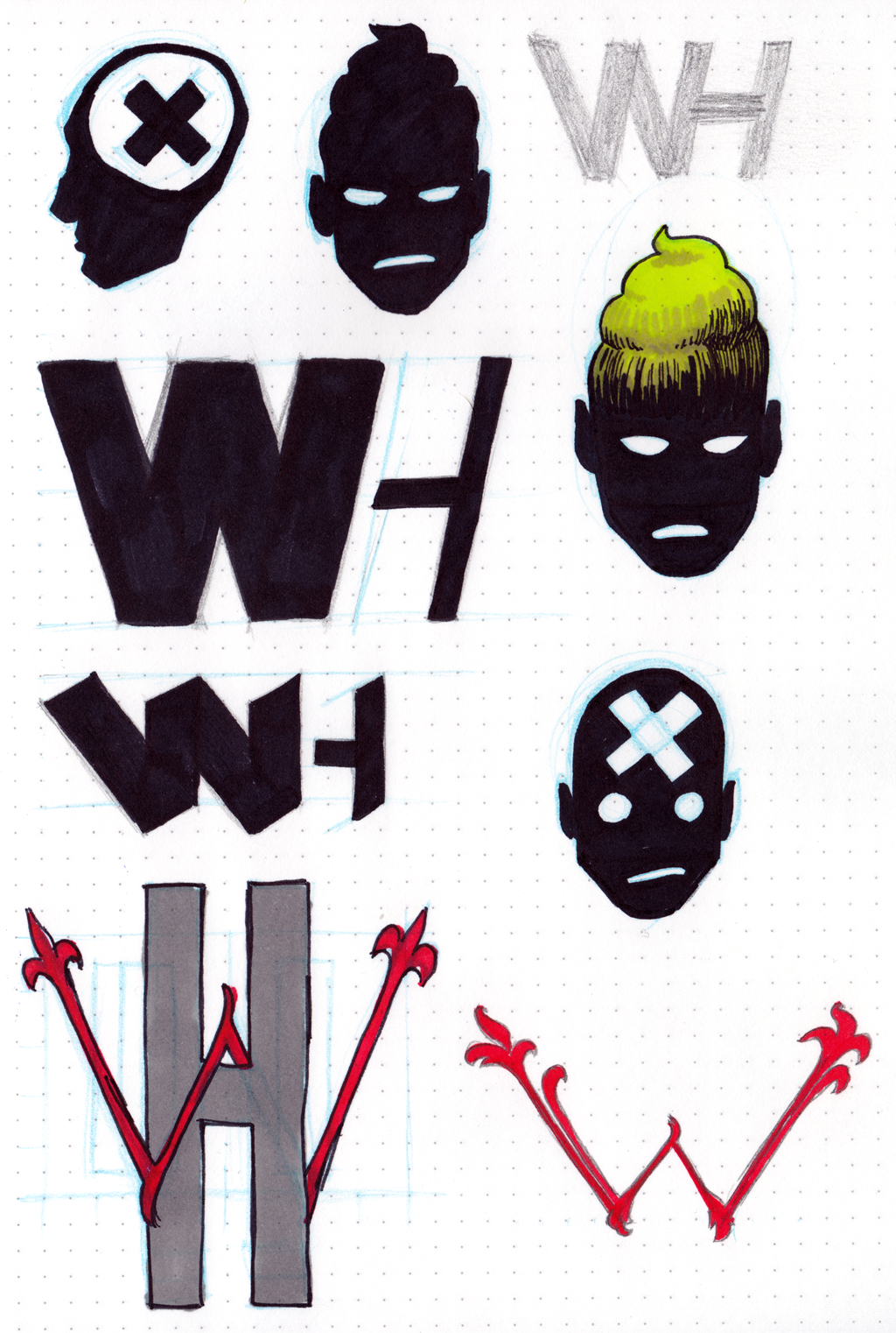 Various iterations on a logo for Wrong Headed, including takes on a WH icon and heads in silhouette, some with a swirling turd where hair would be