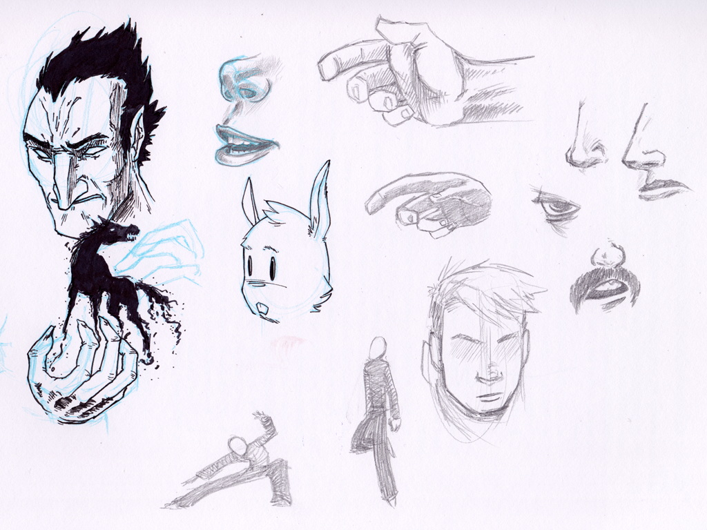 Ink and pencil sketches of a sinister looking fellow doing horse magic, a bunny-faced character, and various hands and facial features