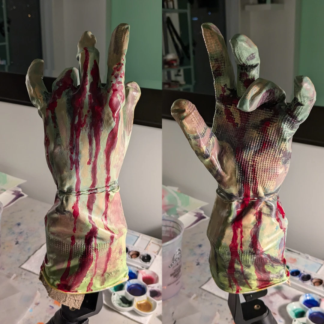 A zombie hand made from a rubber cleaning glove