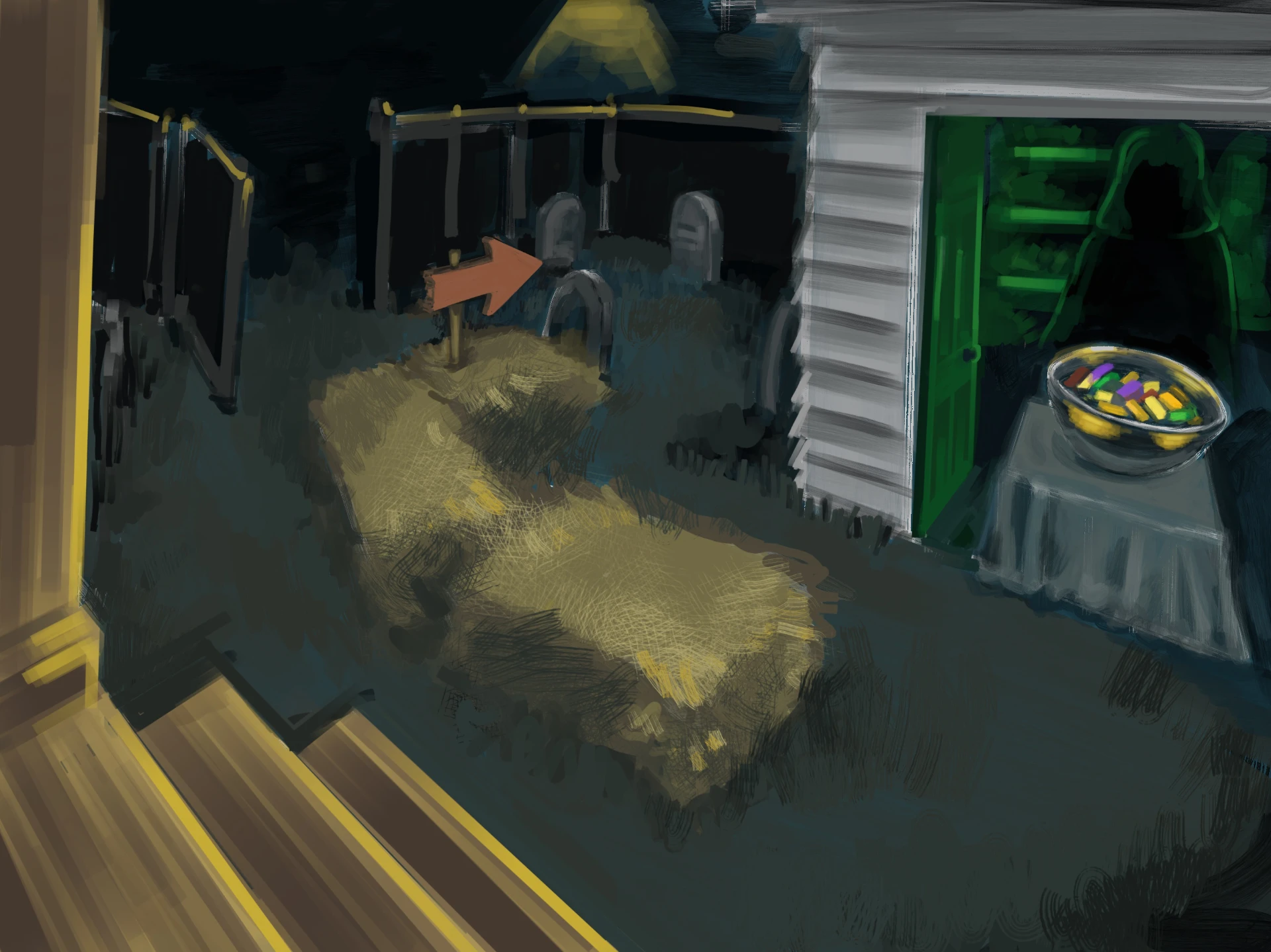 A sketch of the backyard from the perspective of the porch, showing the whole path to the candy