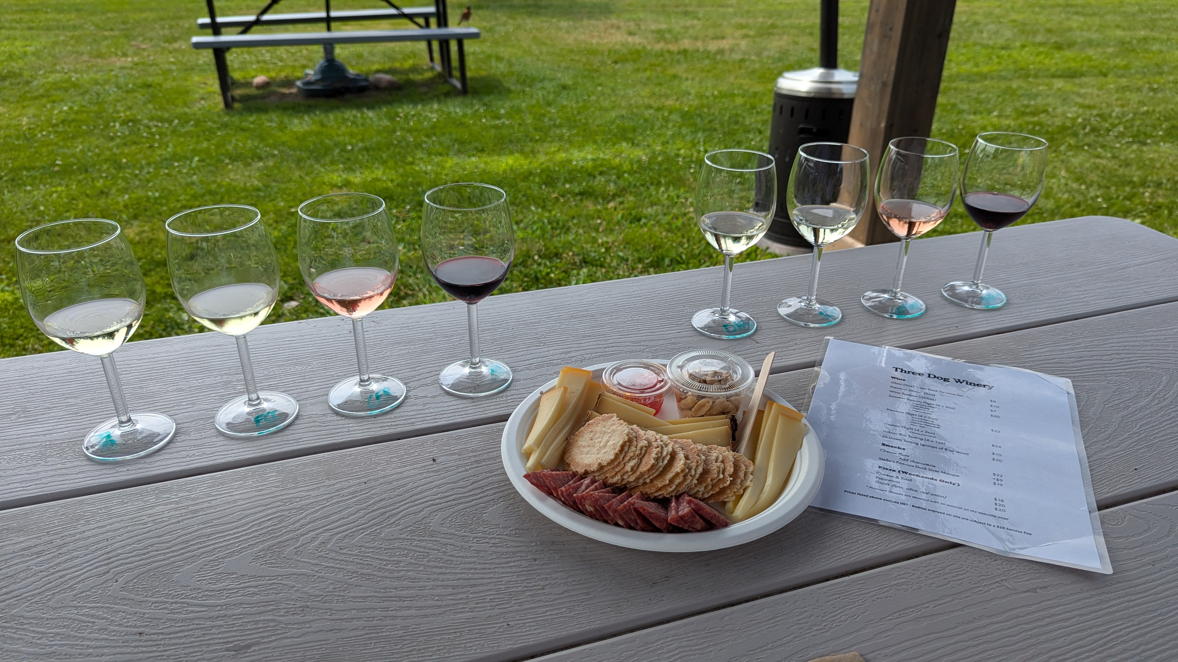 Two flights of wine with a cheese and charcuterie plate on a picnic table on grass