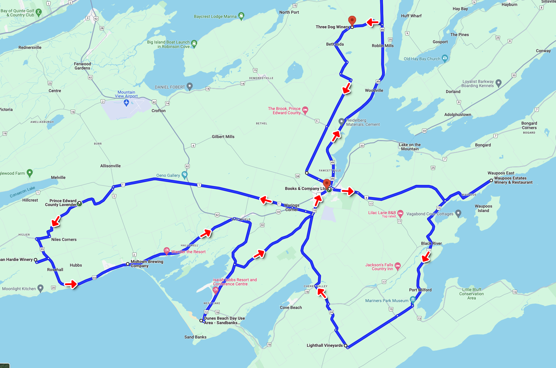 A map of Prince Edward County with the route we took overlaid