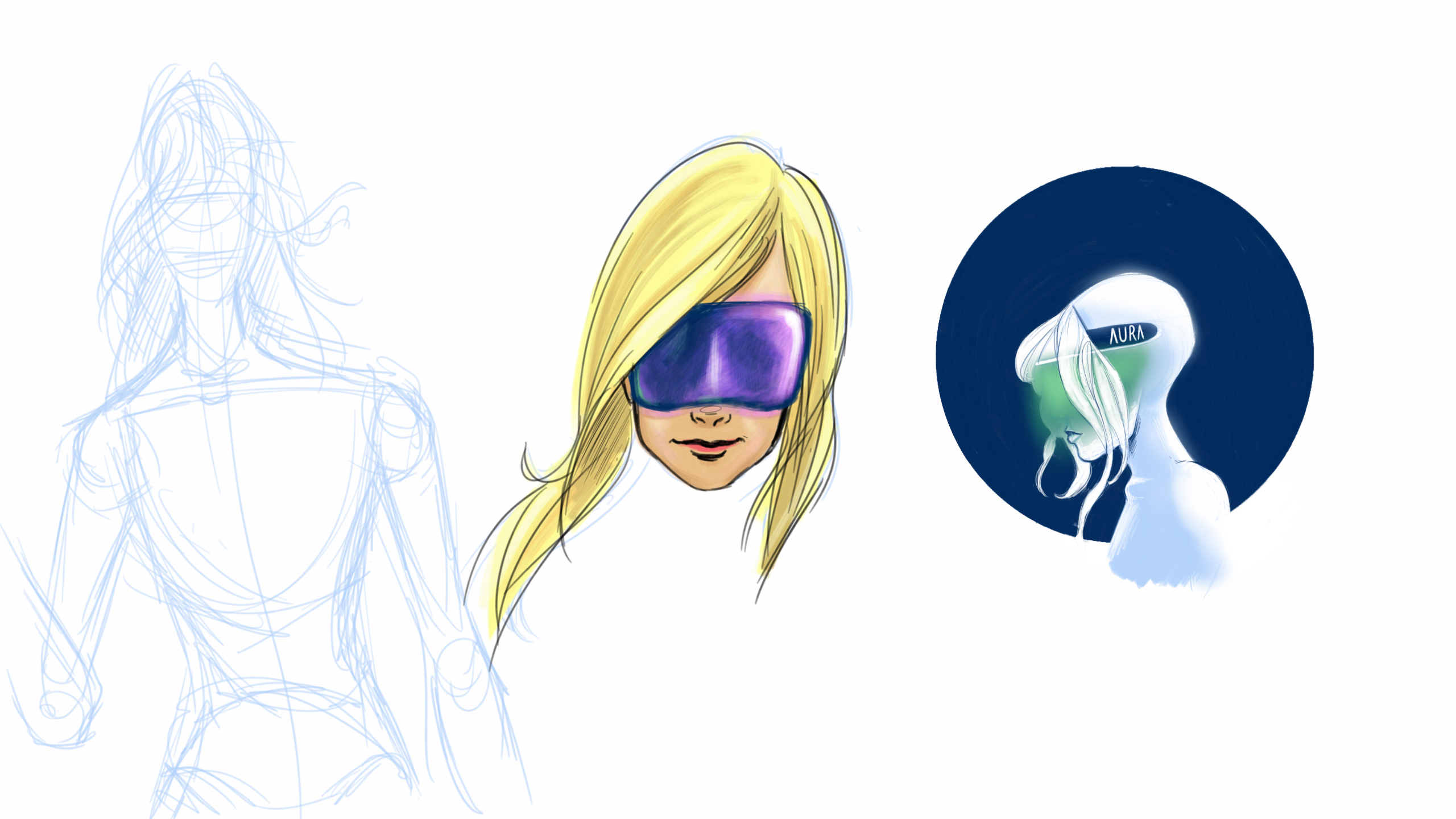 Digital sketches of a space-age face visor called Aura