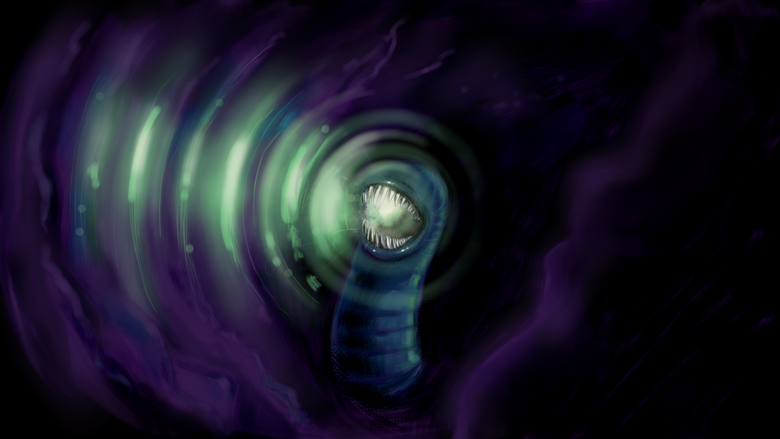 A digital painting of a worm with sharp teeth with a green glow emitting from its throat in a dark purple tunnel