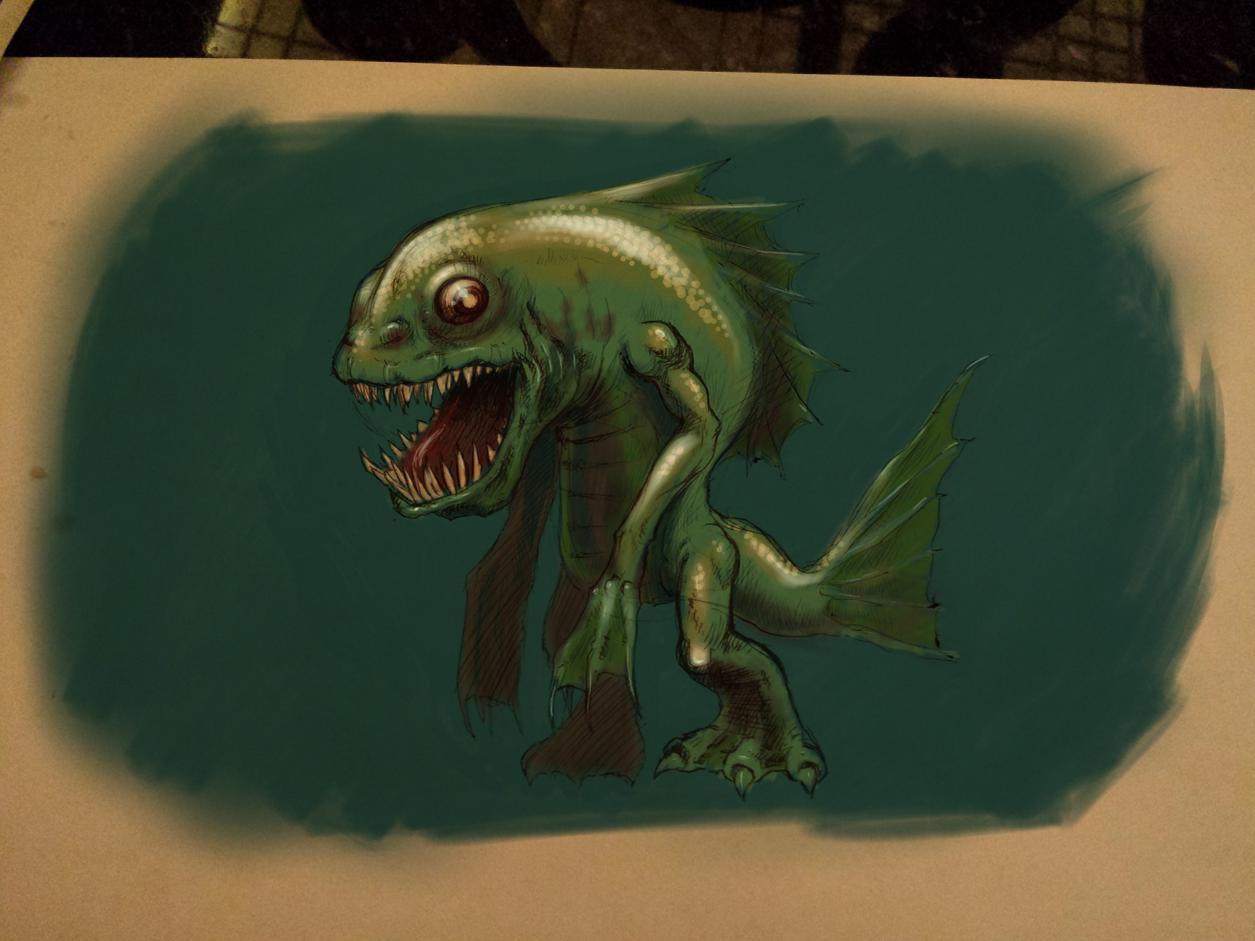 A digital paint-over of a sketch on a placemat of a bipedal fish creature