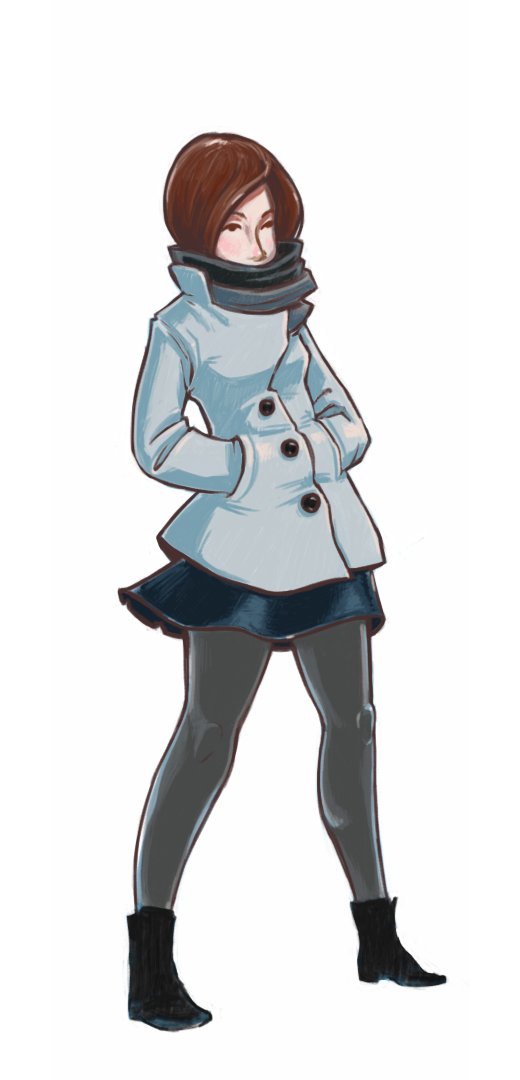 A digital illustration of Laura in a warm gear for late fall or early winter