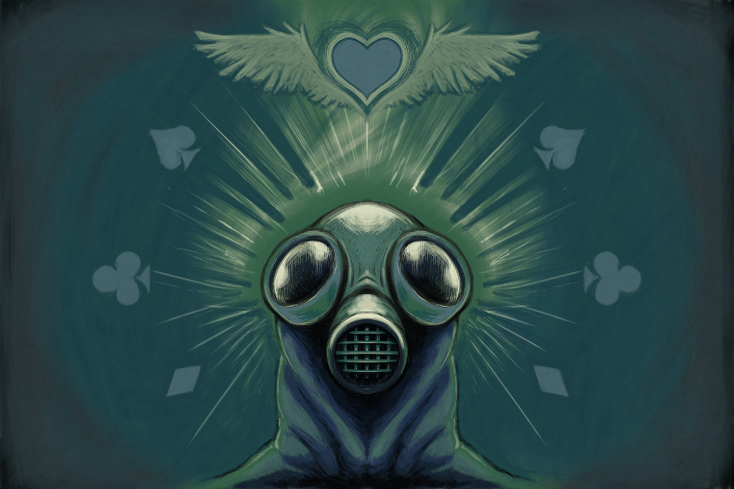 A symmetrical digital sketch of a gas mask surrounded by playing card suit icons