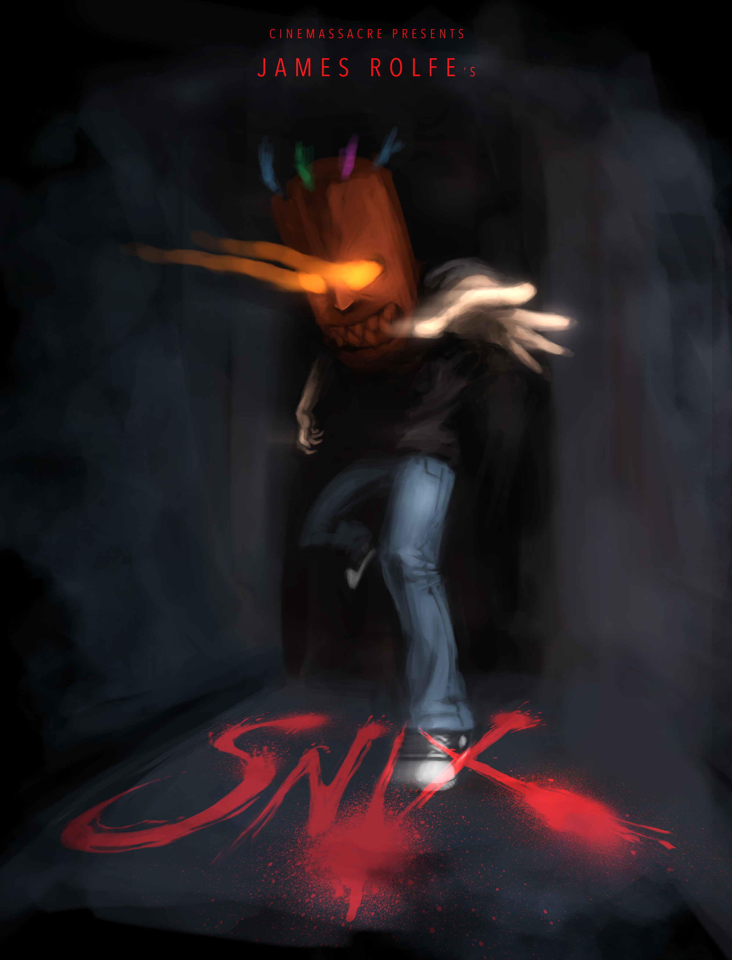 An illustration of a figure wearing a black shirt and blue jeans, with a large wooden mask with feathers coming out of the top and glowing orange eyes running toward the camera, with left arm outstretched. At the top is the text Cinemassacre Presents James Rolfe's. At the bottom, written in red splatter, is SNIX