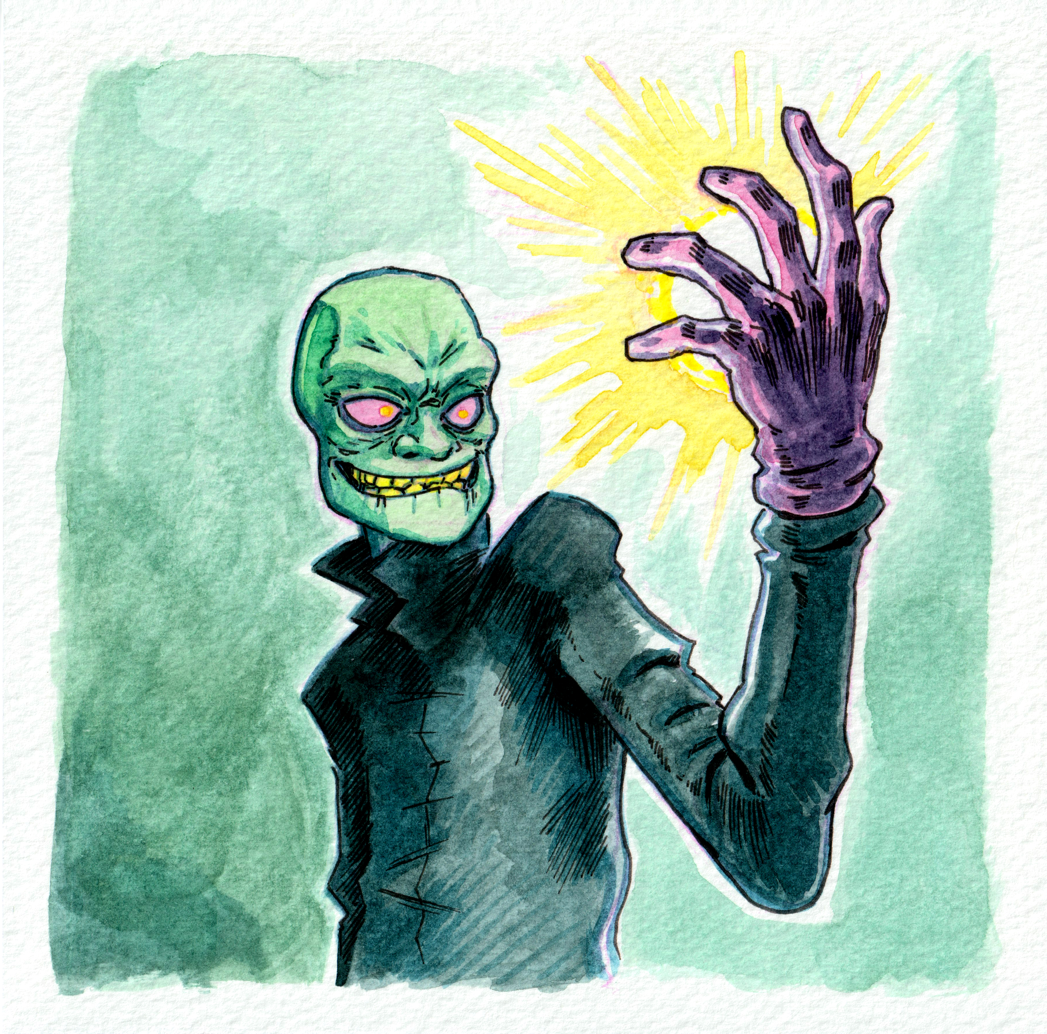 A cartoonish green-skinned figure in a dark cloak staring at an orb of yellow light in the palm of their purple-gloved left hand