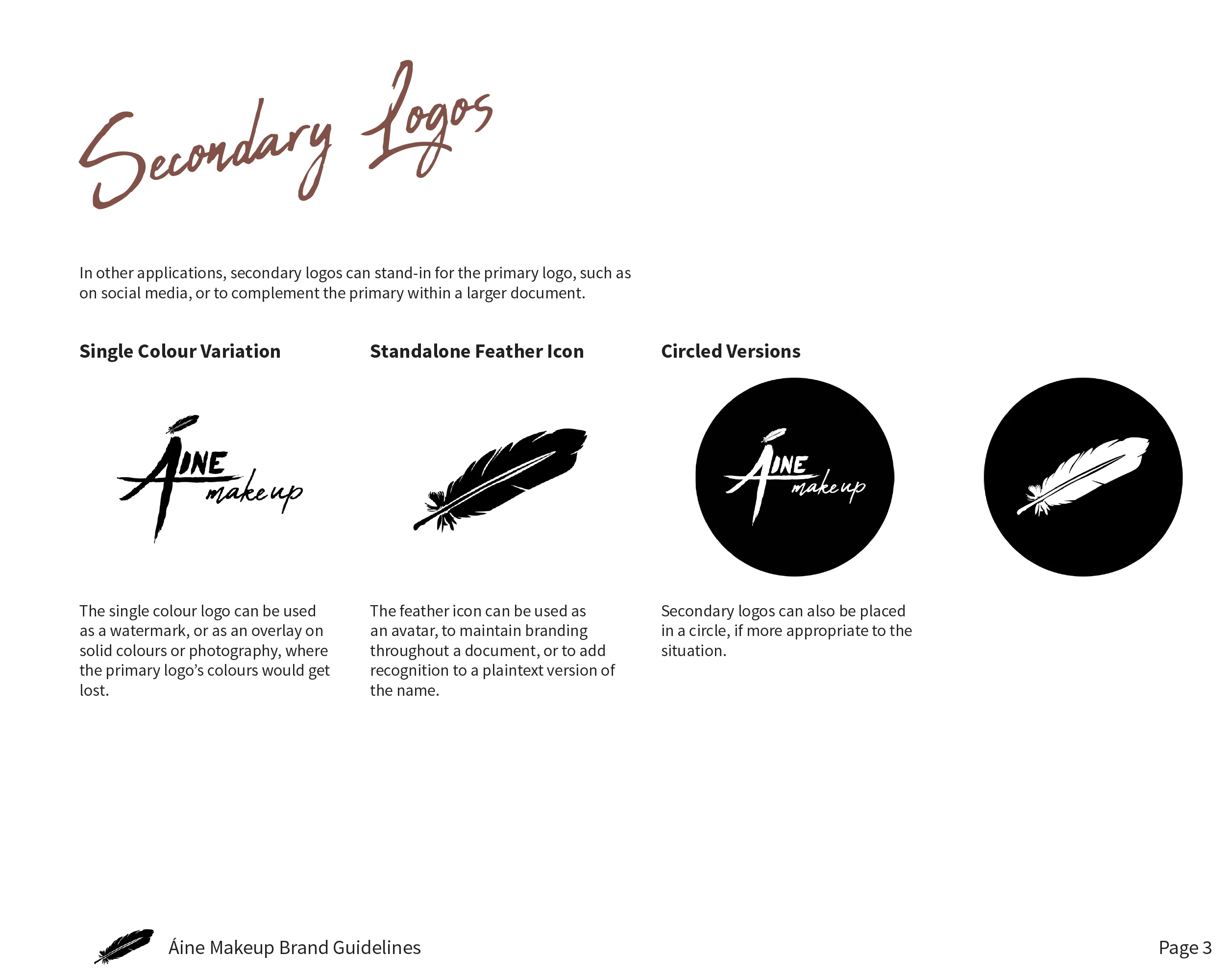 A page from the brand guidelines showing the secondary logos and detailing their use