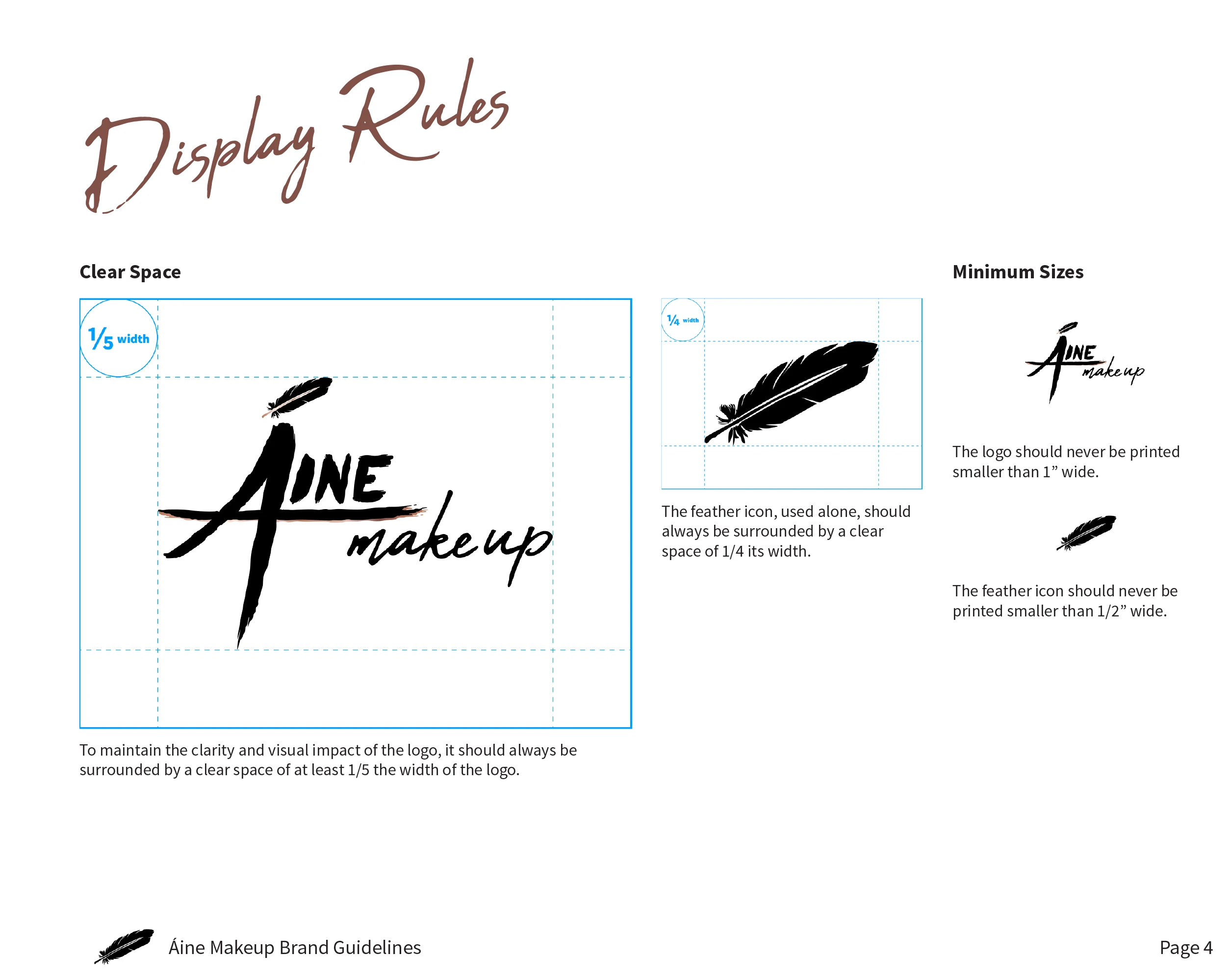 A page from the brand guidelines showing the display rules, laying out the clear space and minimum sizes for the logos