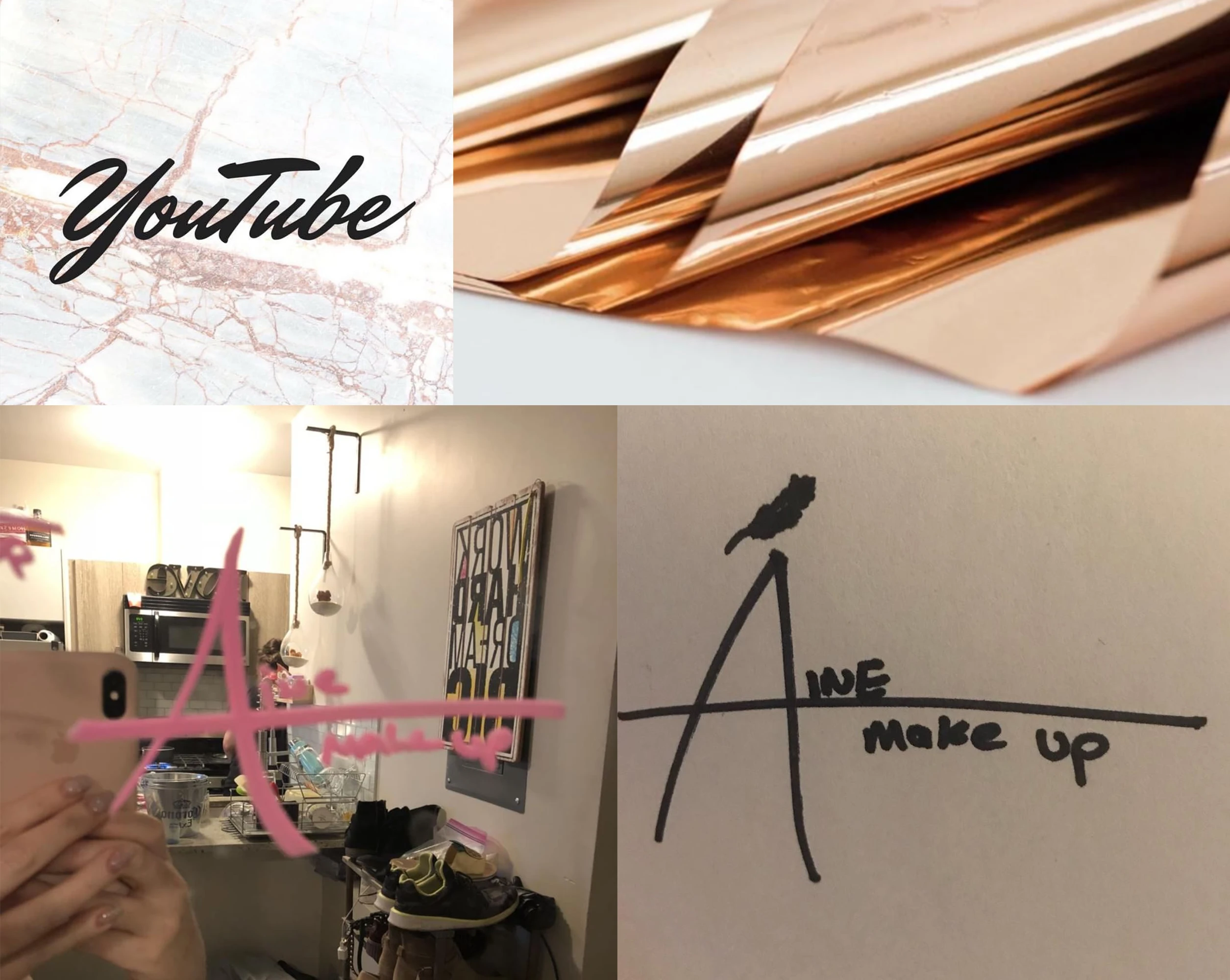 A collage of a marble texture, sheets of rose gold foil, and two sketches of the Aine makeup logo