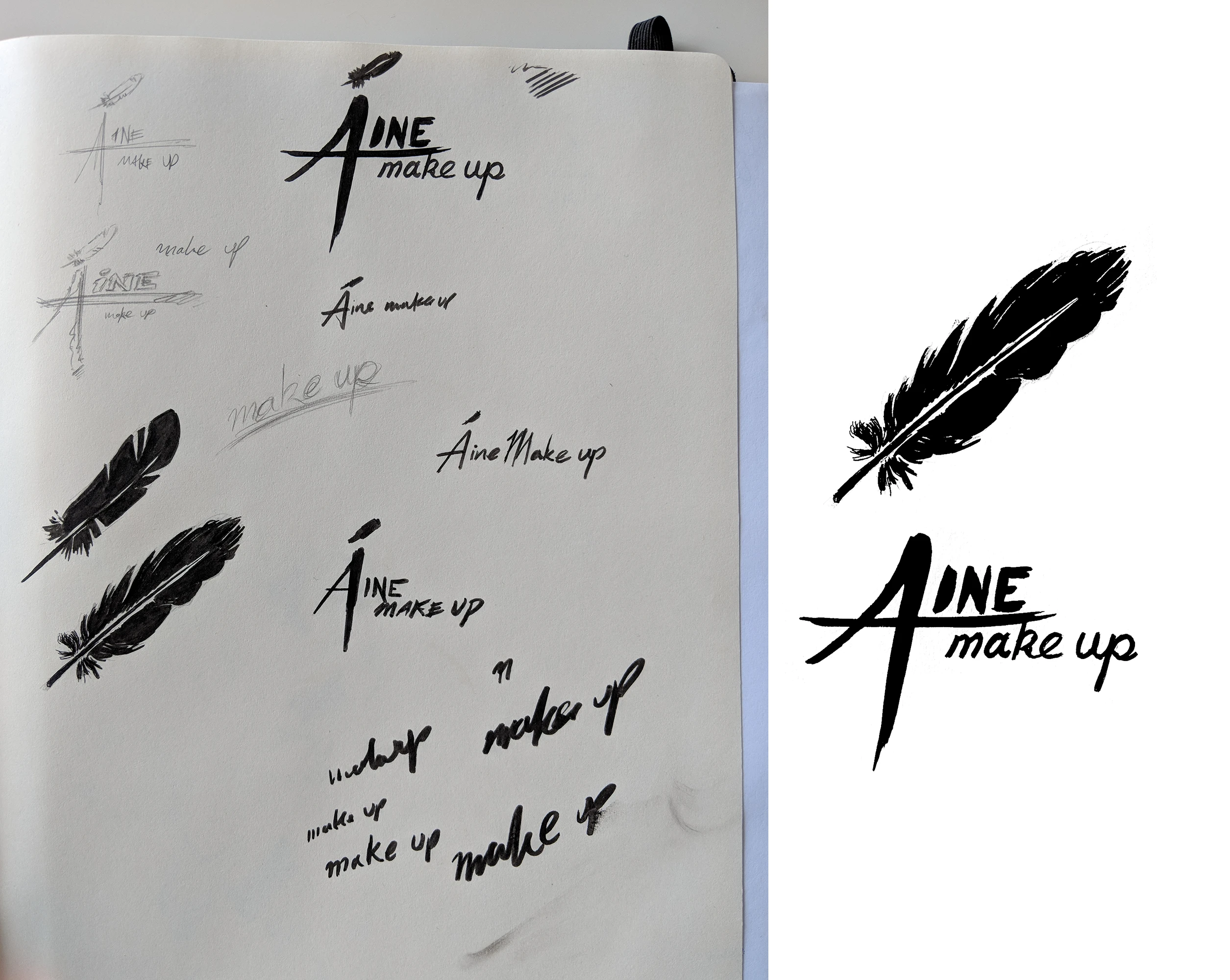 A sketchbook page of sketches of the Aine Makeup logo