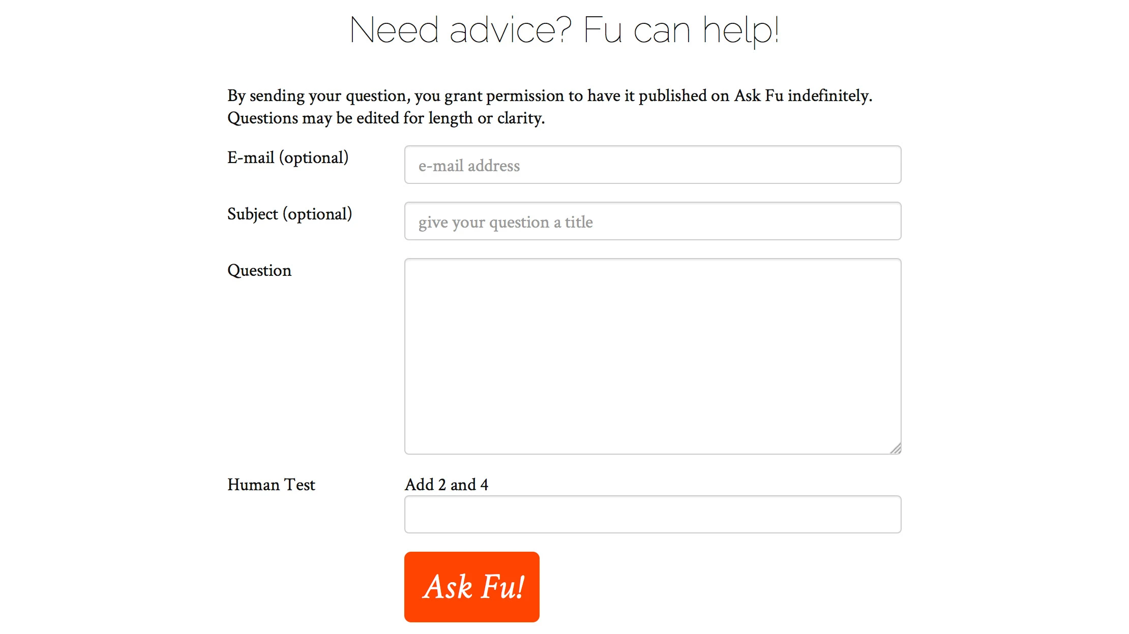 A form for asking Fu for advice, with an email, subject line, question, and captcha inputs, with the submit button reading Ask Fu!