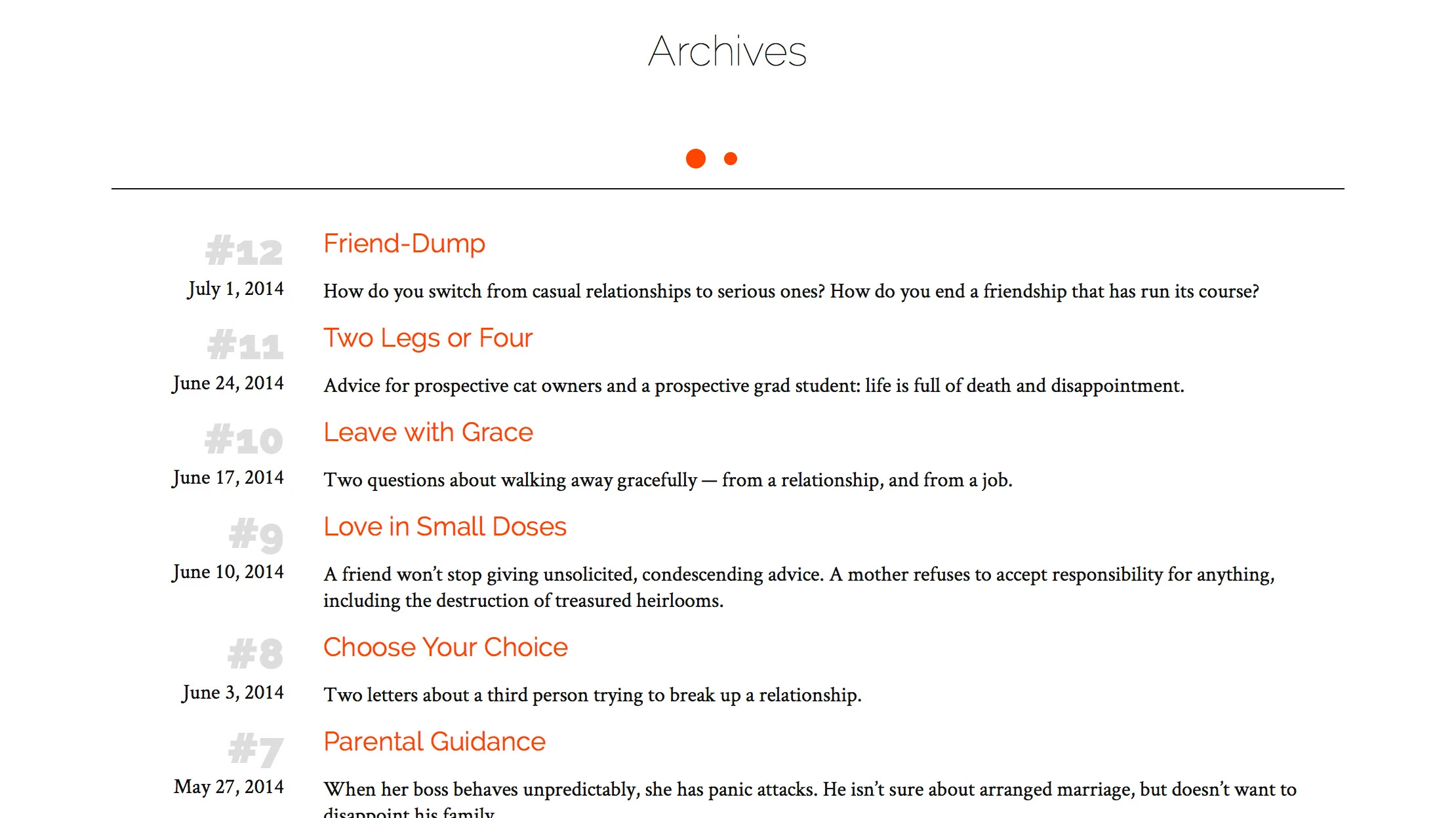 The Archives page which shows a simple title, orange dots to denote pages, and a list of archived advice pages