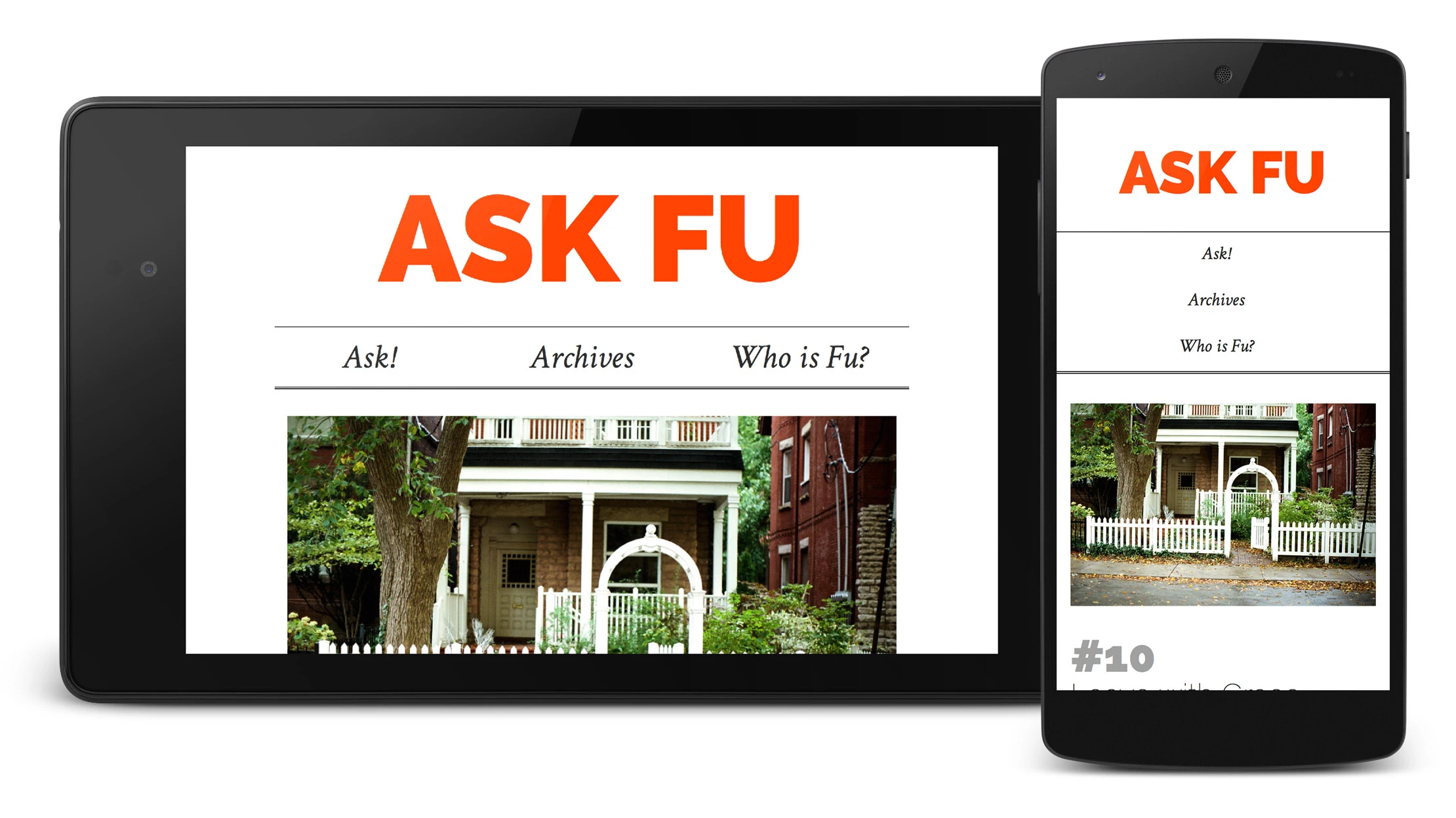 The site displayed on both a tablet in landscape and a phone in portrait, showing the header, menu, and a photo of a house for post number 10