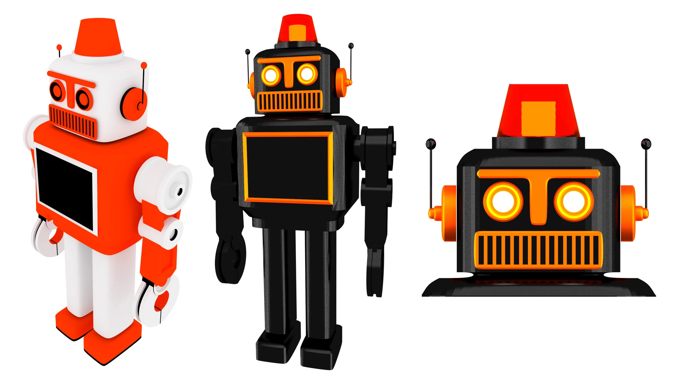 Three renders of the site's mascot robot, in two colorations, one in orange and white, one in black with orange highlights