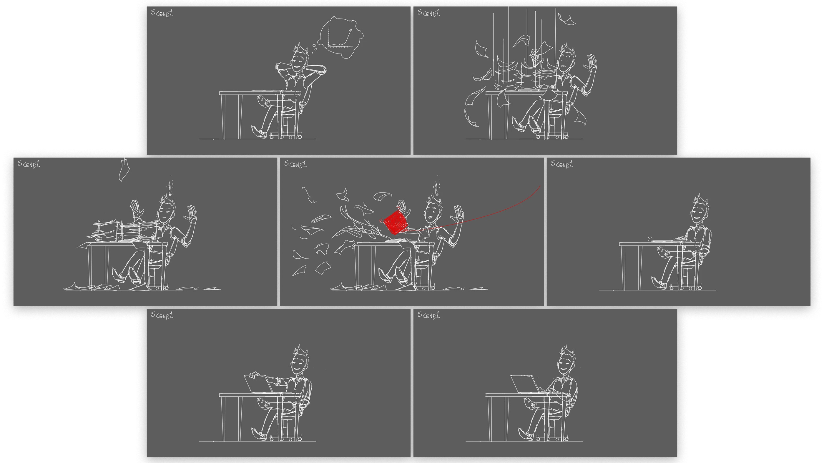 Storyboards for scene 1, showing a character sitting at a table, being covered in paper, then a red block sweeps the paper away