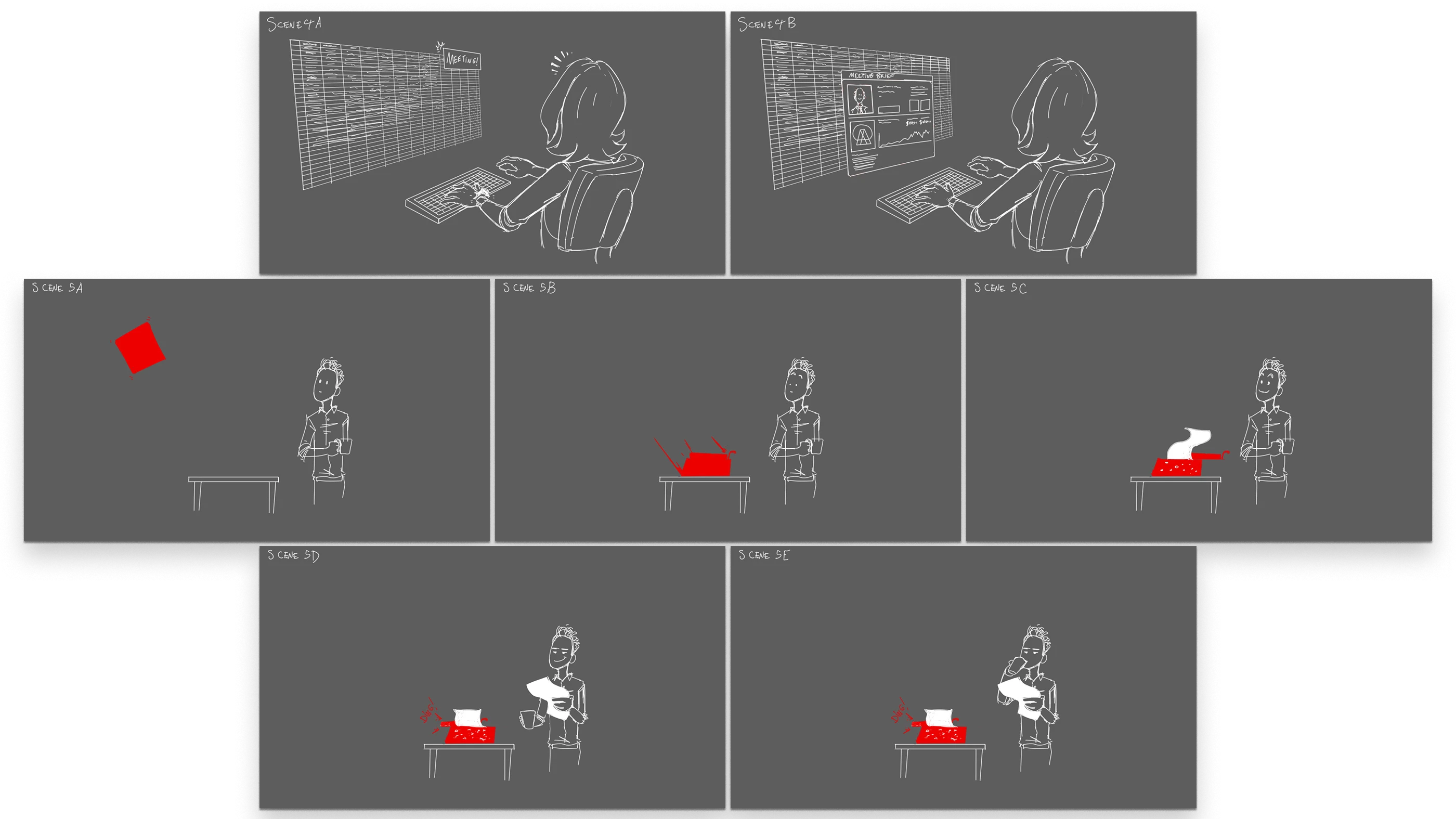 Storyboards for scenes 4 and 5, showing a meeting brief saving a user's meeting, and Bloks doing the work of writing reports for another user