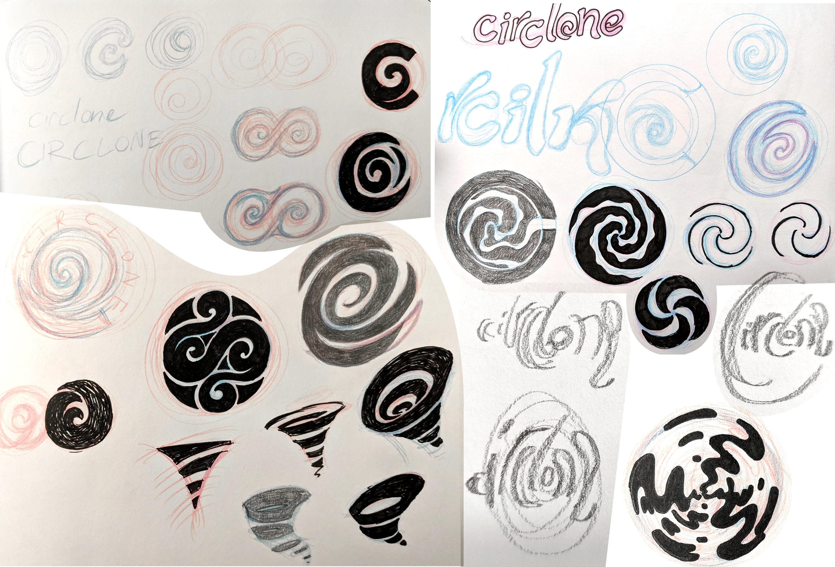 A series of sketches of swirly round shapes, exploring a possible icon for CIrclone