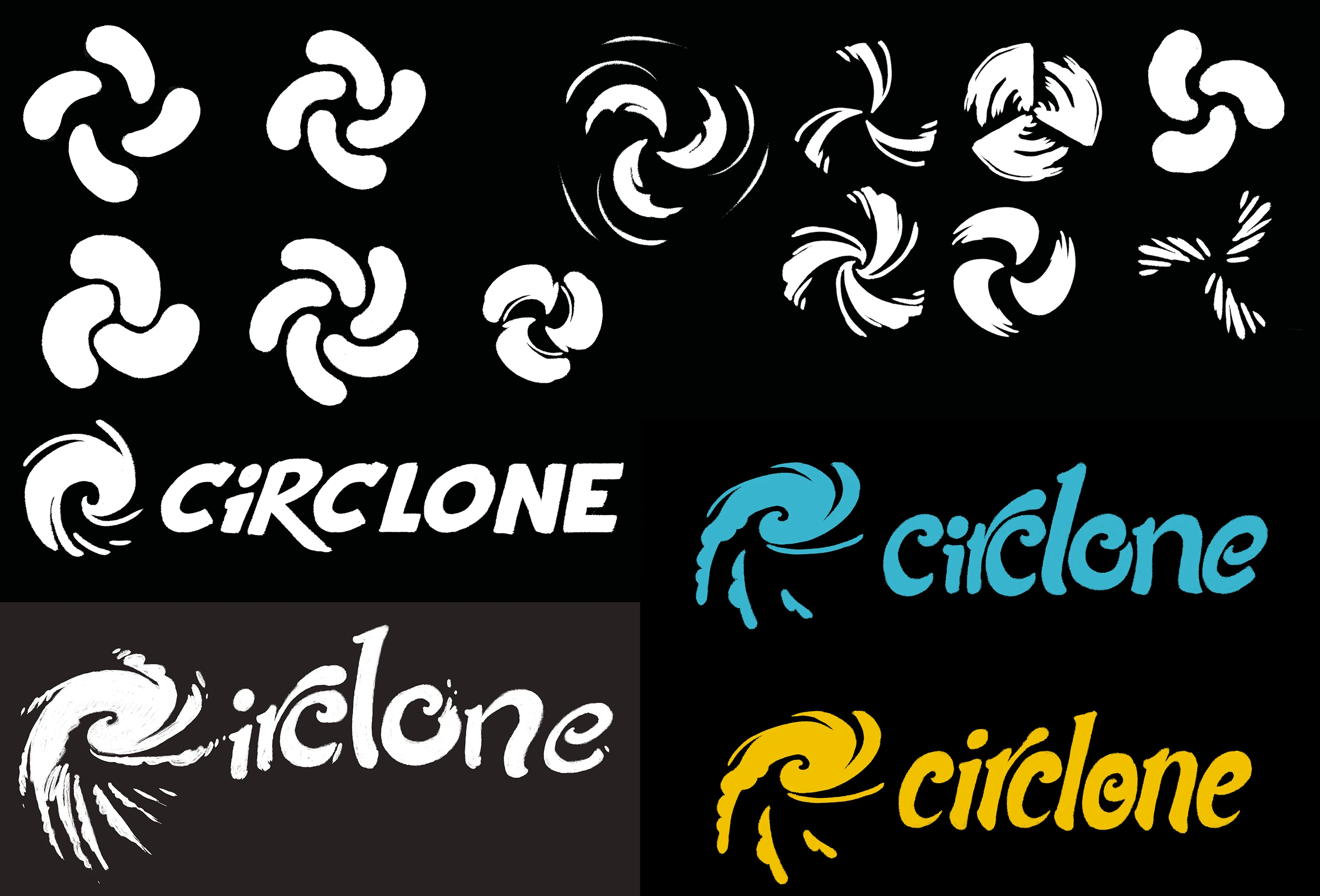 Digital sketches of swirly icons and matching hand-made type for possible Circlone logos