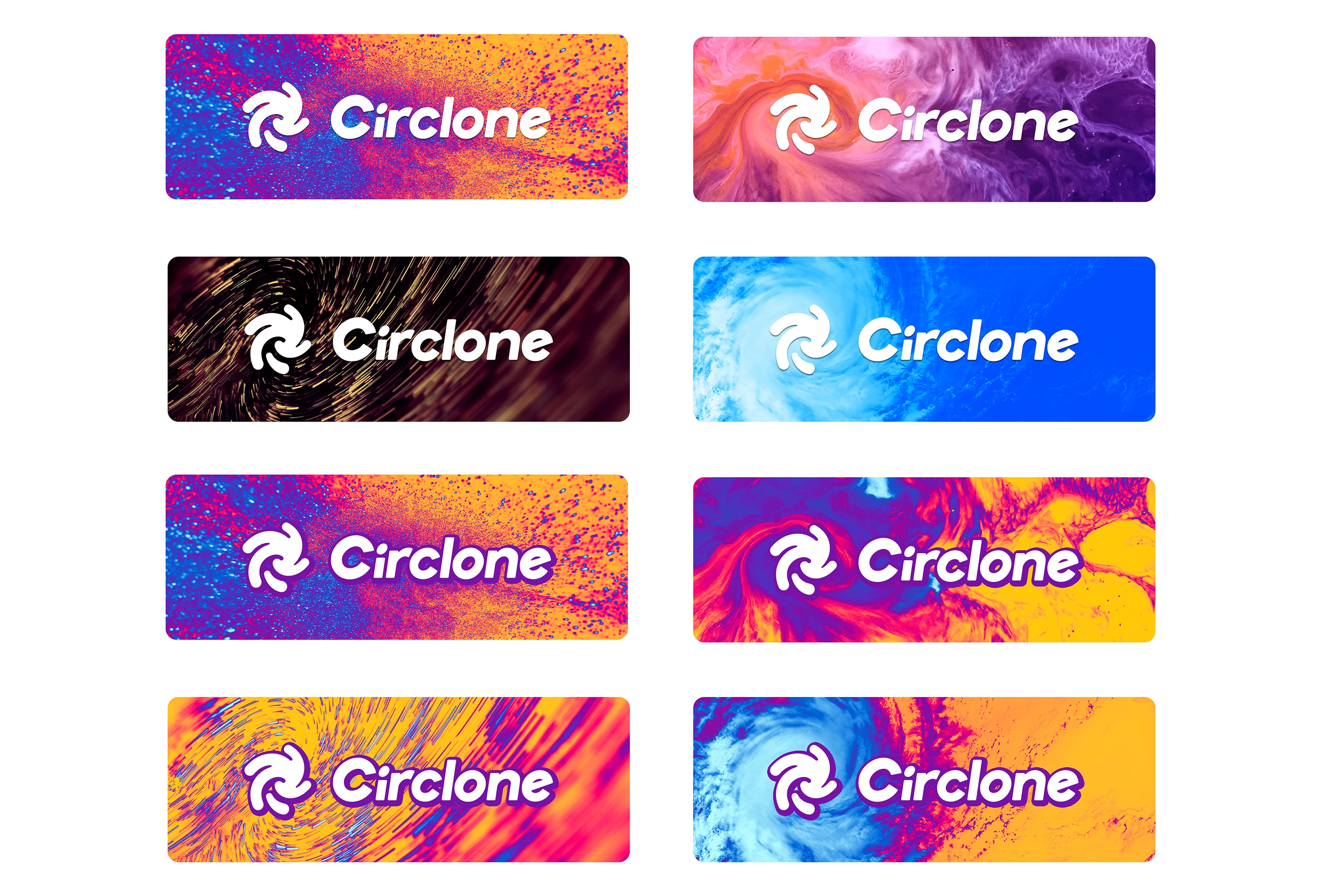 Exploration of treatments for the white Circlone logo on a textured background, using a gradient map to colour abstract stock images