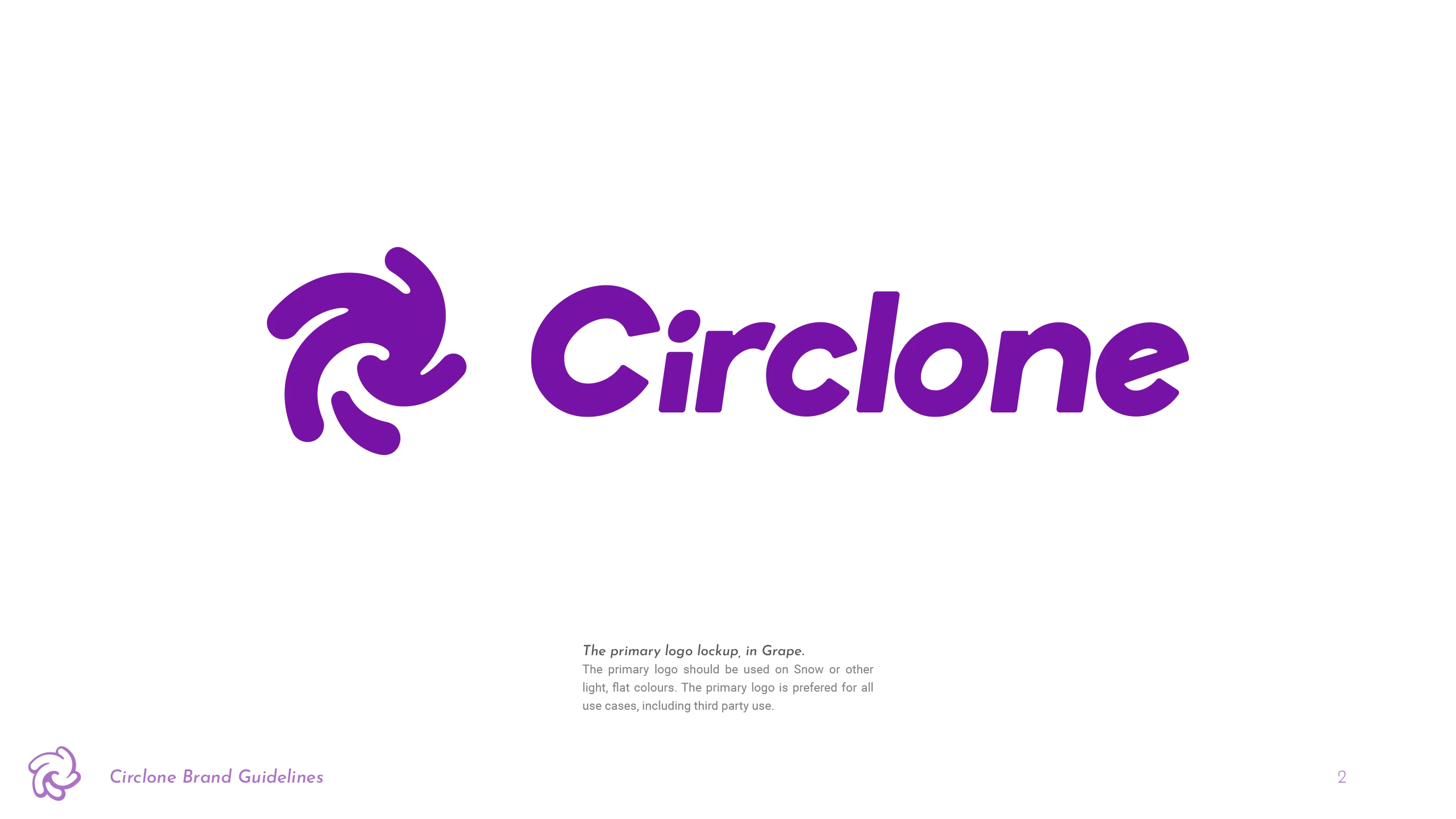 Page 2 of the Circlone Brand Guidelines, showing the primary logo in grape