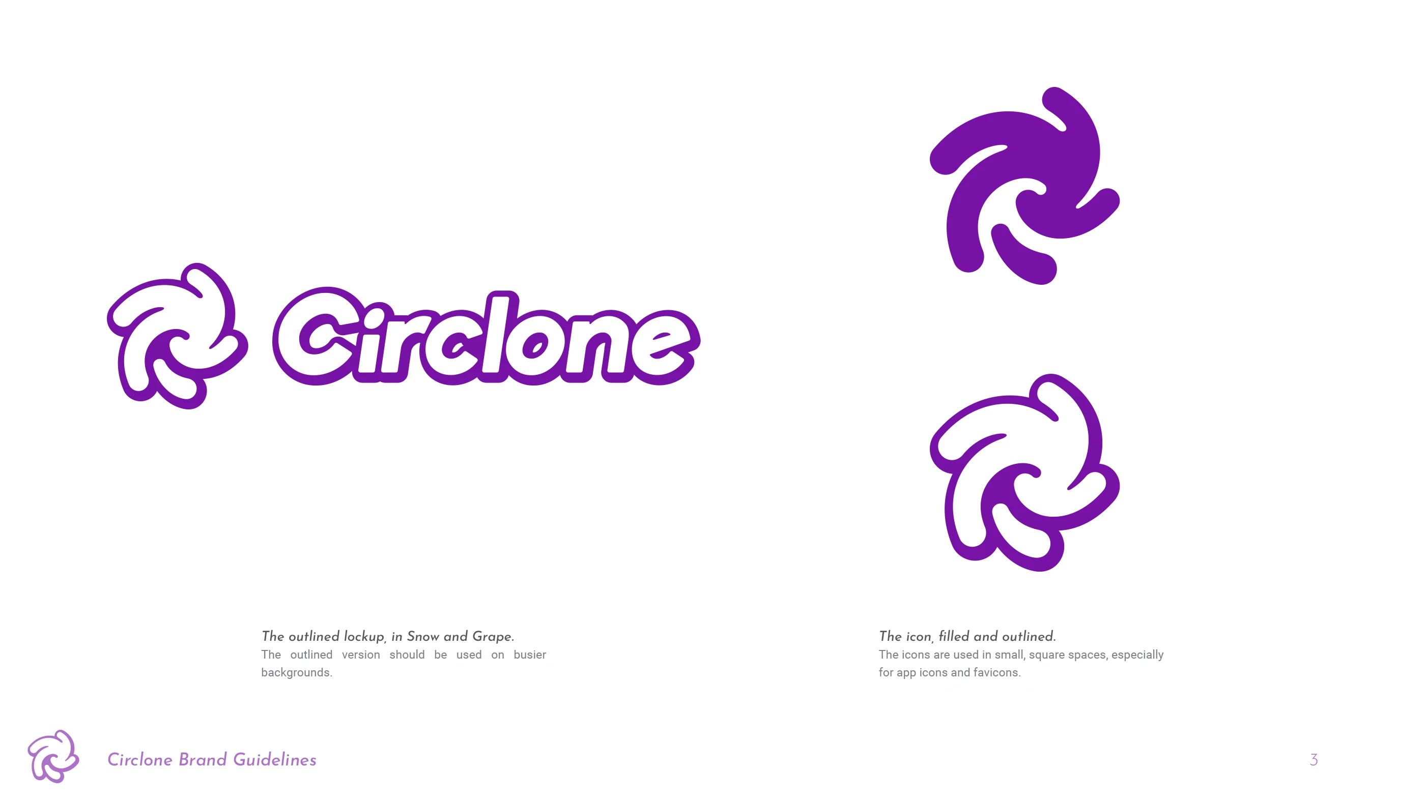 Page 3 of the Circlone Brand Guidelines, showing the outlined lockup and both filled and outlined icons