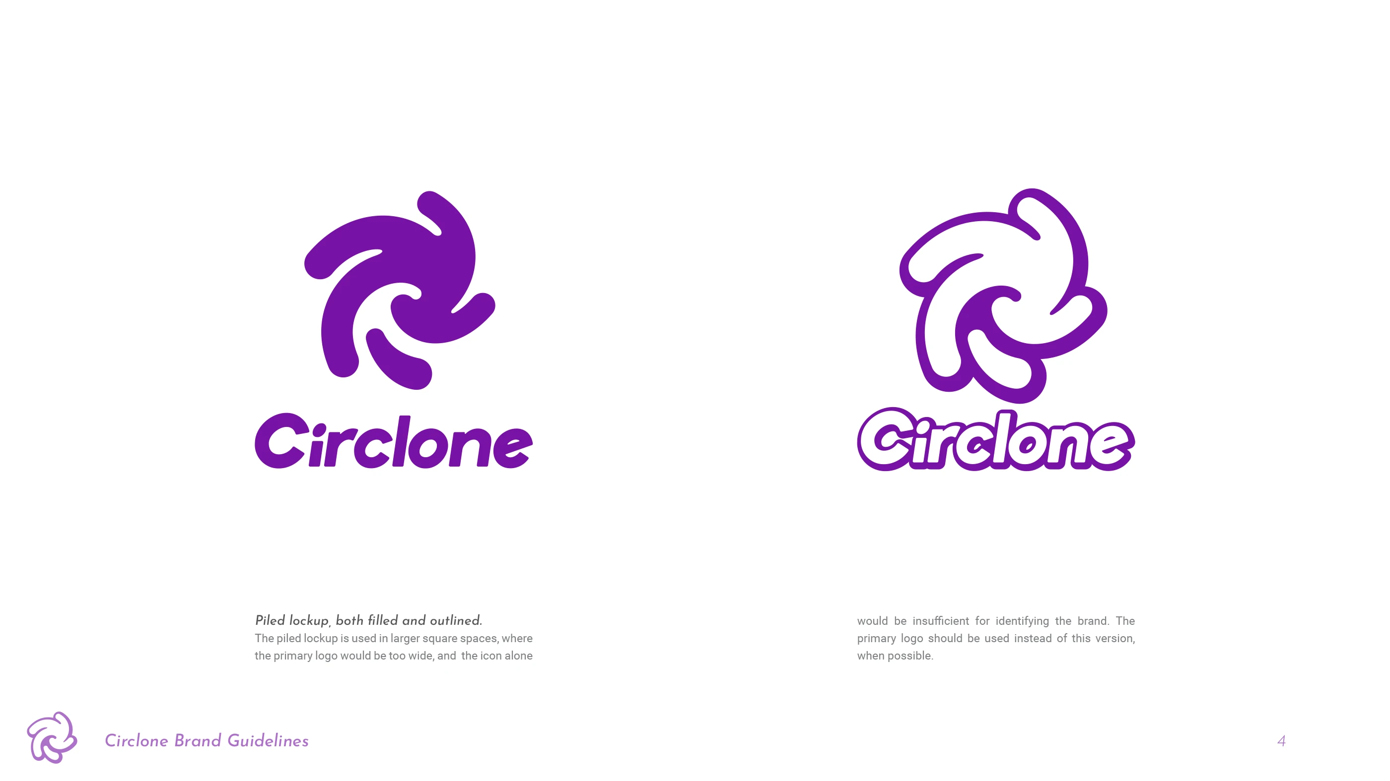 Page 4 of the Circlone Brand Guidelines, showing the piled lockup in both filled and outlined versions