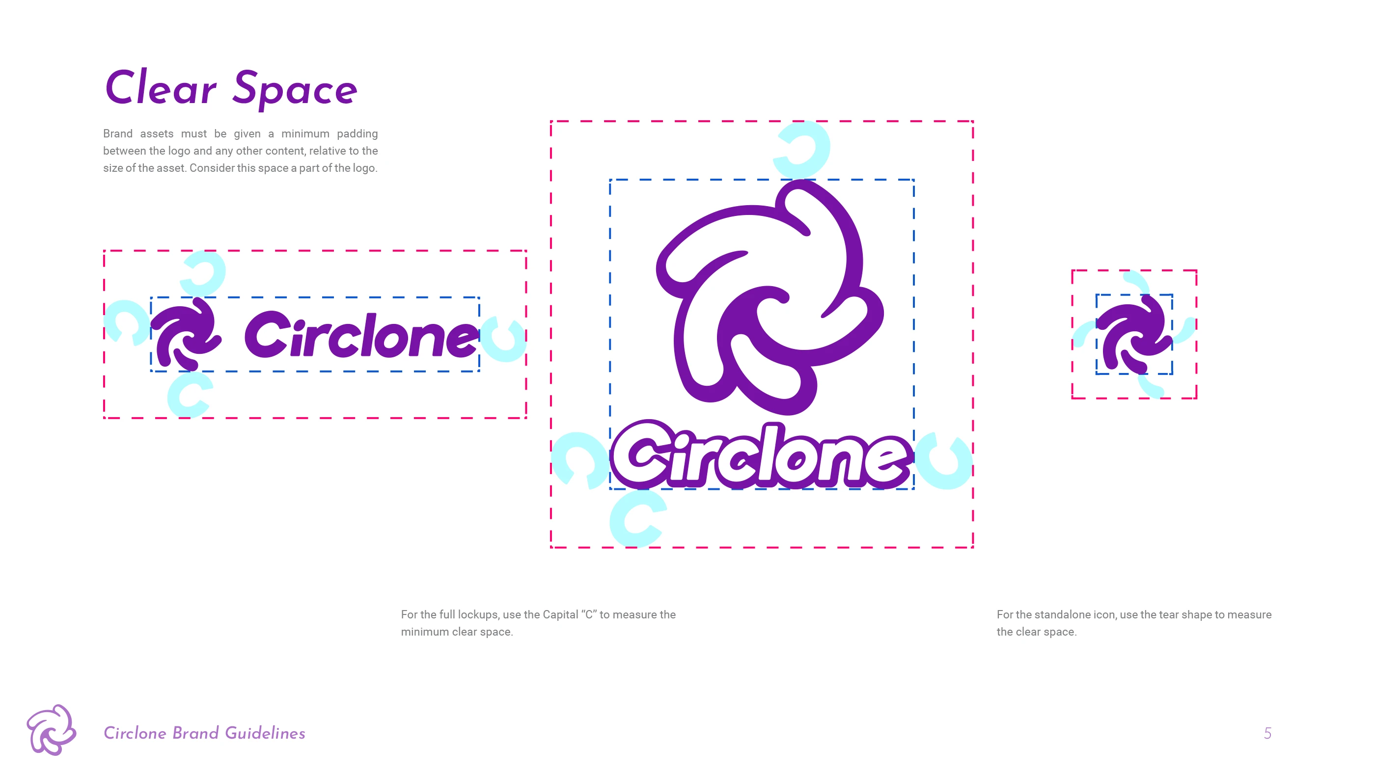 Page 5 of the Circlone Brand Guidelines, showing the clear space for each version of the logo and icon