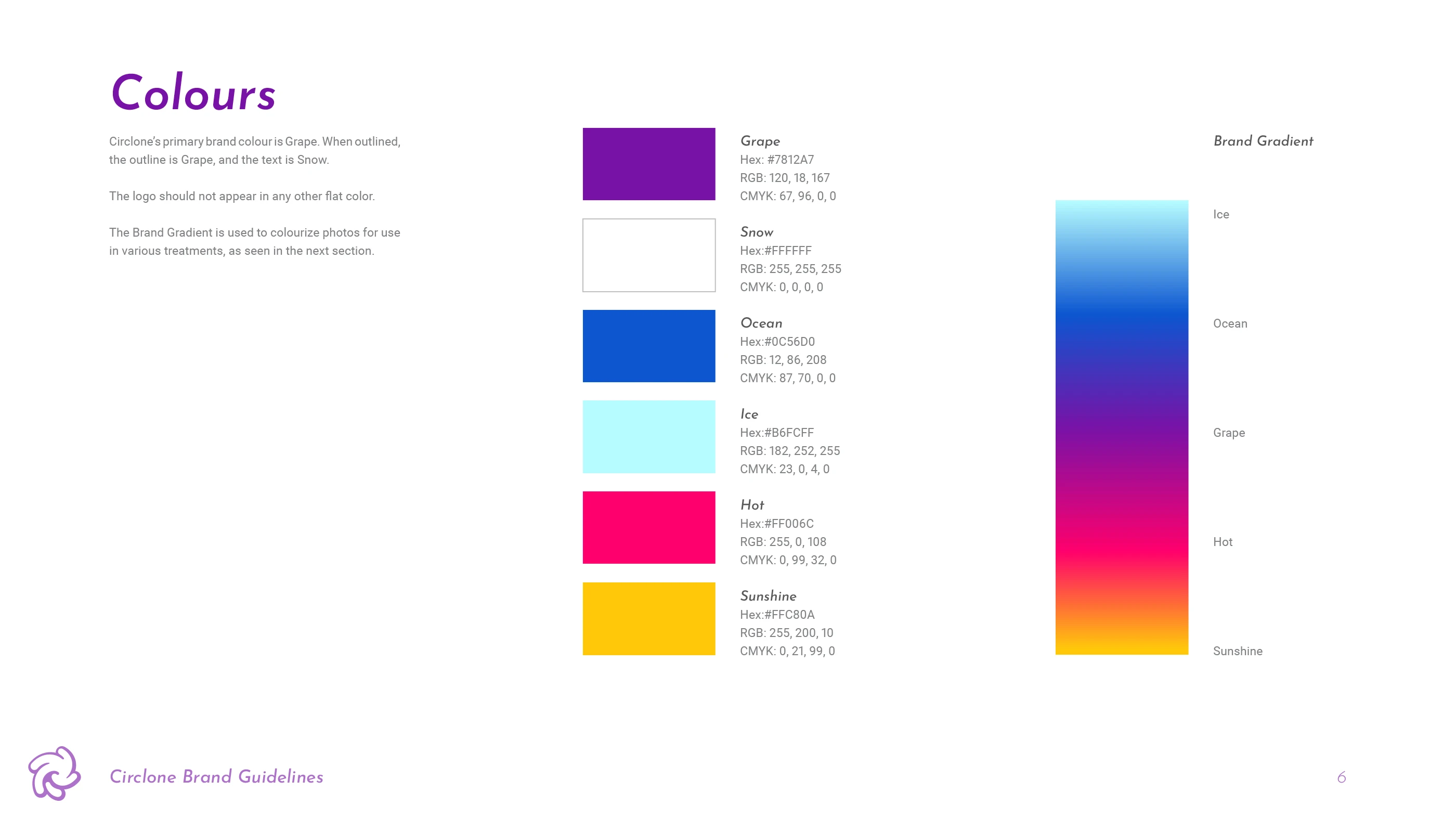 Page 6 of the Circlone Brand Guidelines, showing the brand colours and gradient