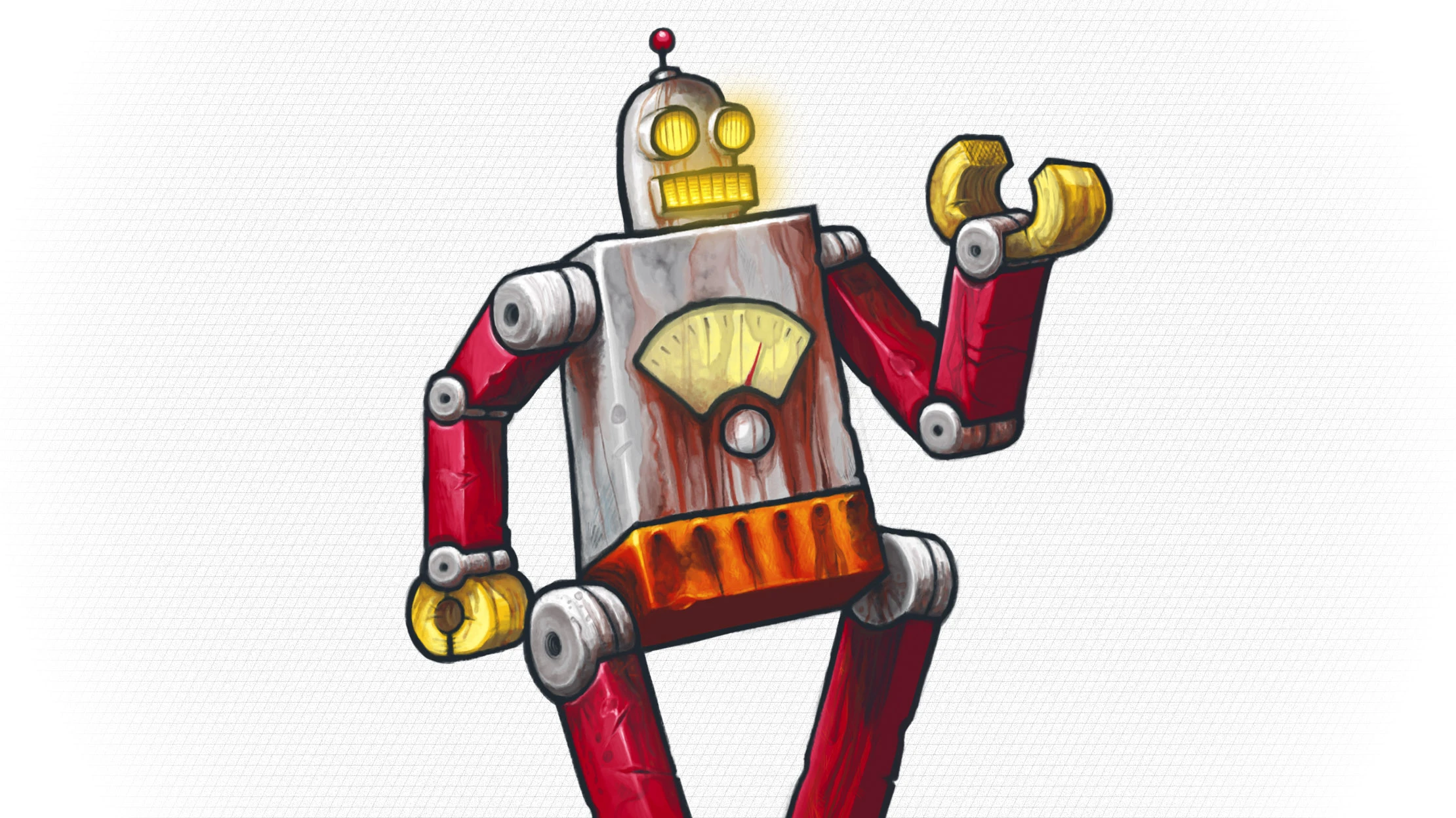 A toy robot strutting, with glowing eyes and mouth, covered in rust and scratches