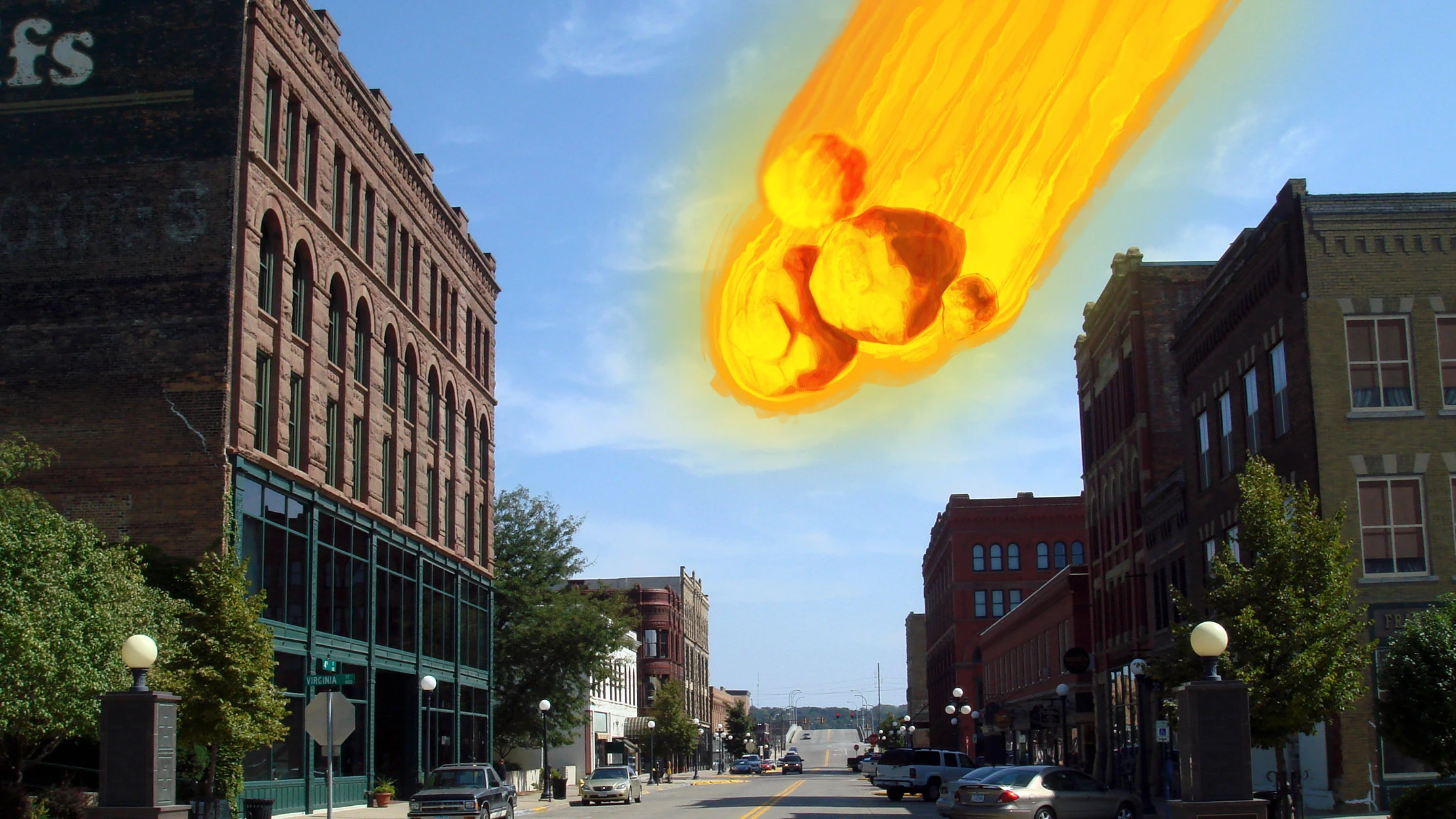 A photo of a street with cars and buildings, with an illustrated meteoroids added in as if about to impact