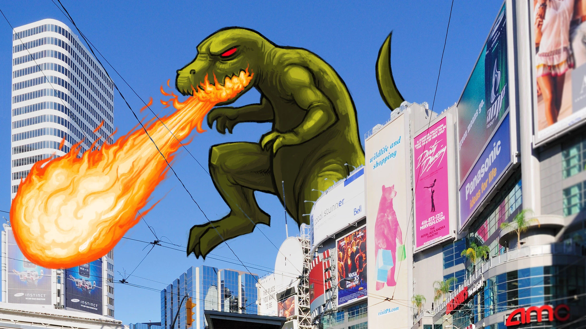 A photo of Toronto's Dundas Square with an illustrated dinosaur breathing fire stepping over buildings